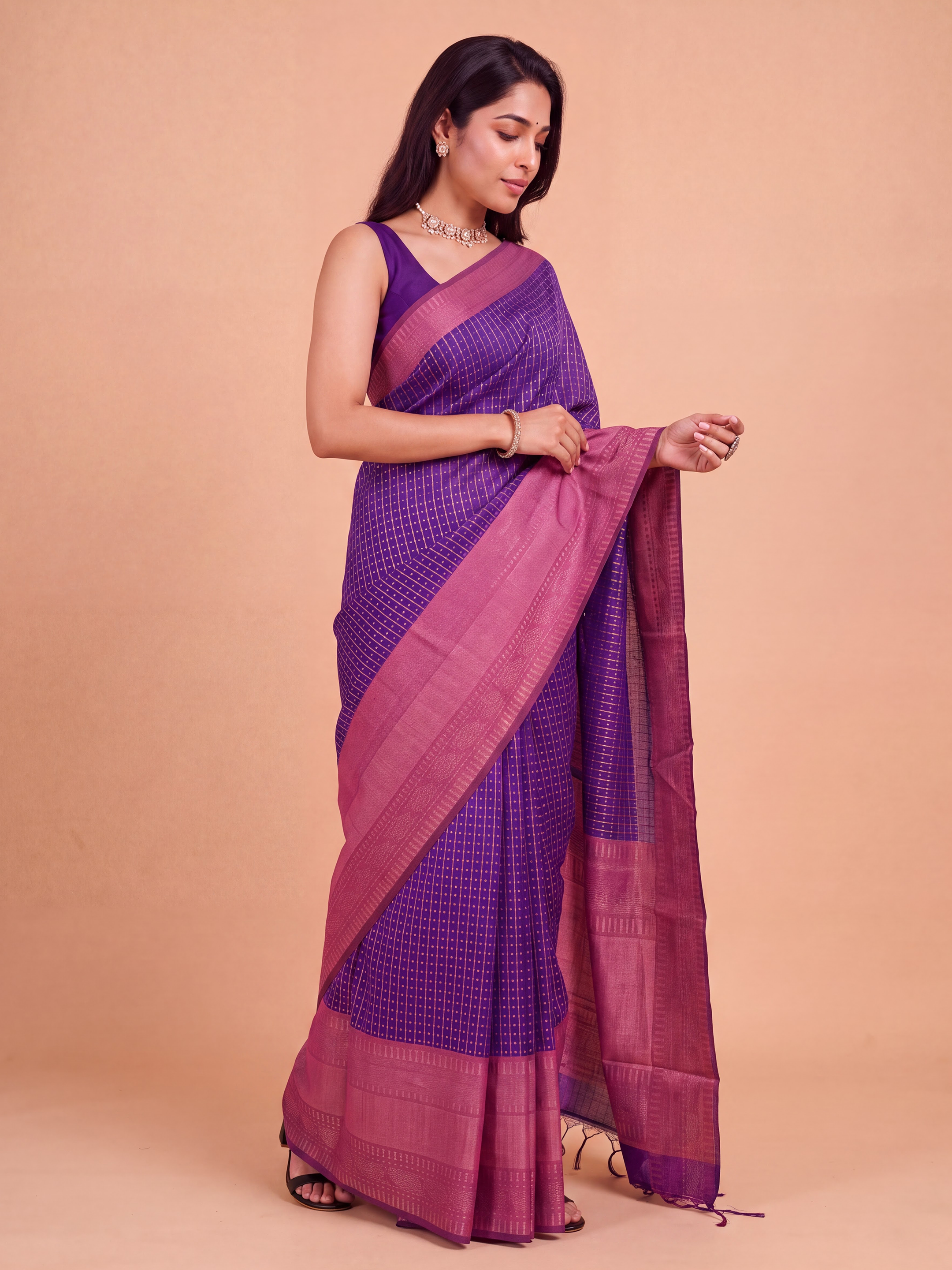 Women Semi Linen Violet Checked Fancy Saree SL260