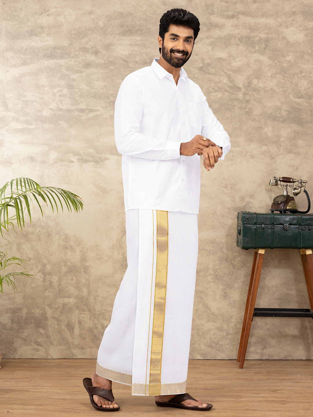 Men Cotton Blend Readymade Single Layer White Dhoti with Gold Jari Border GAA09