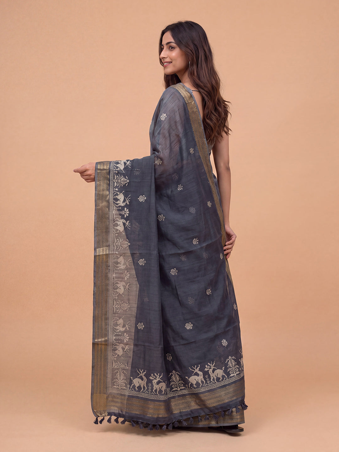 Women Semi Linen Blue Embroidered Saree SL276