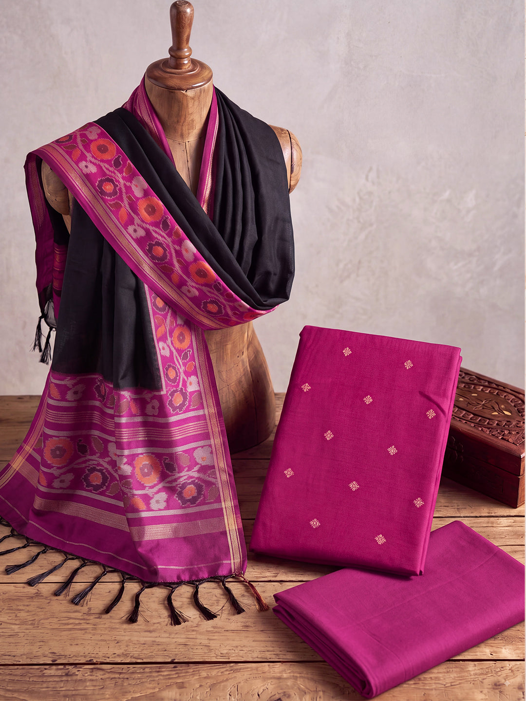 Women Semi Tussar Dress Material Purple with Black DM369