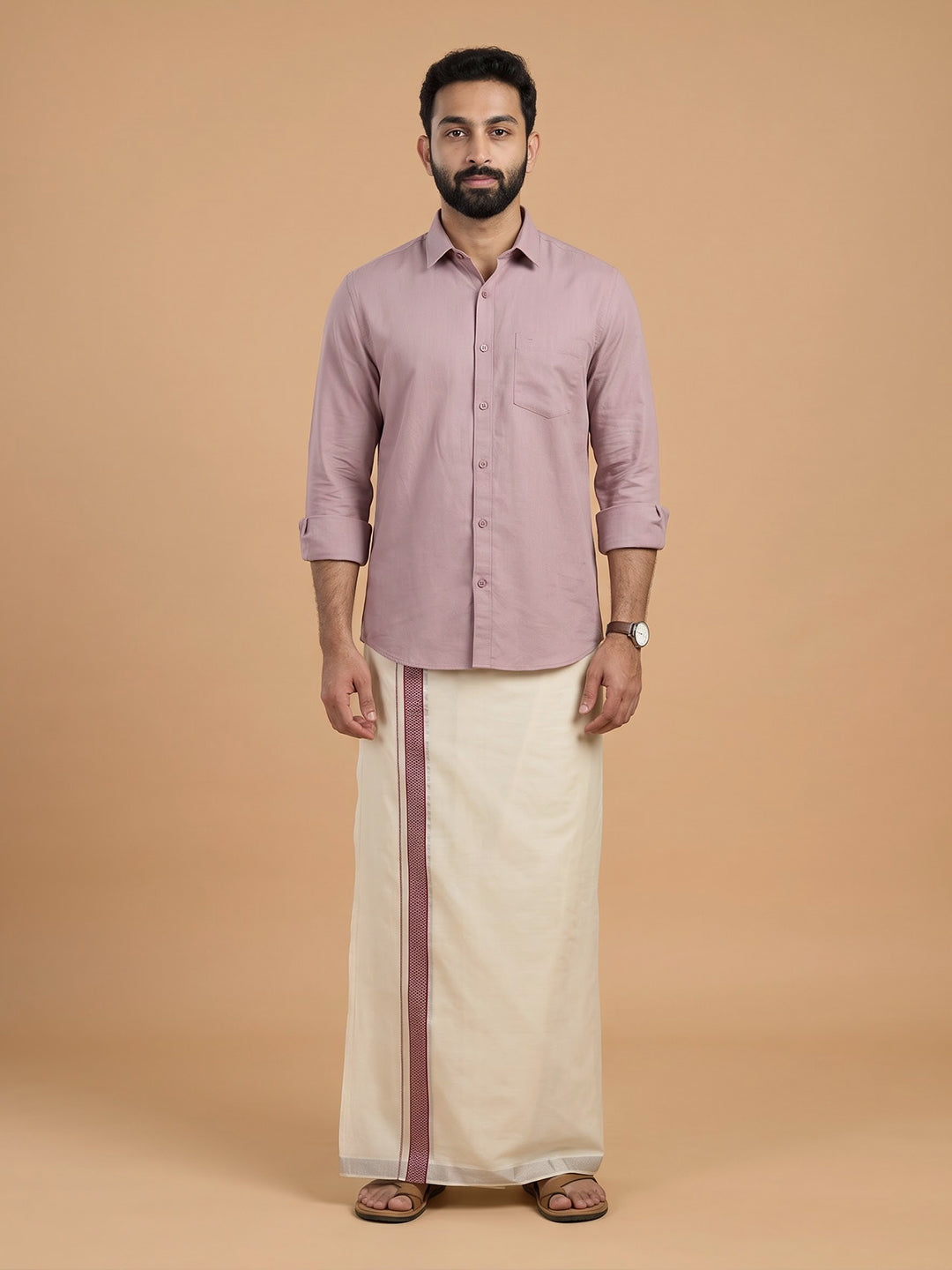 Double Layer Giza Cotton Cream Kora Dhoti with Colour Jari Border - LC38