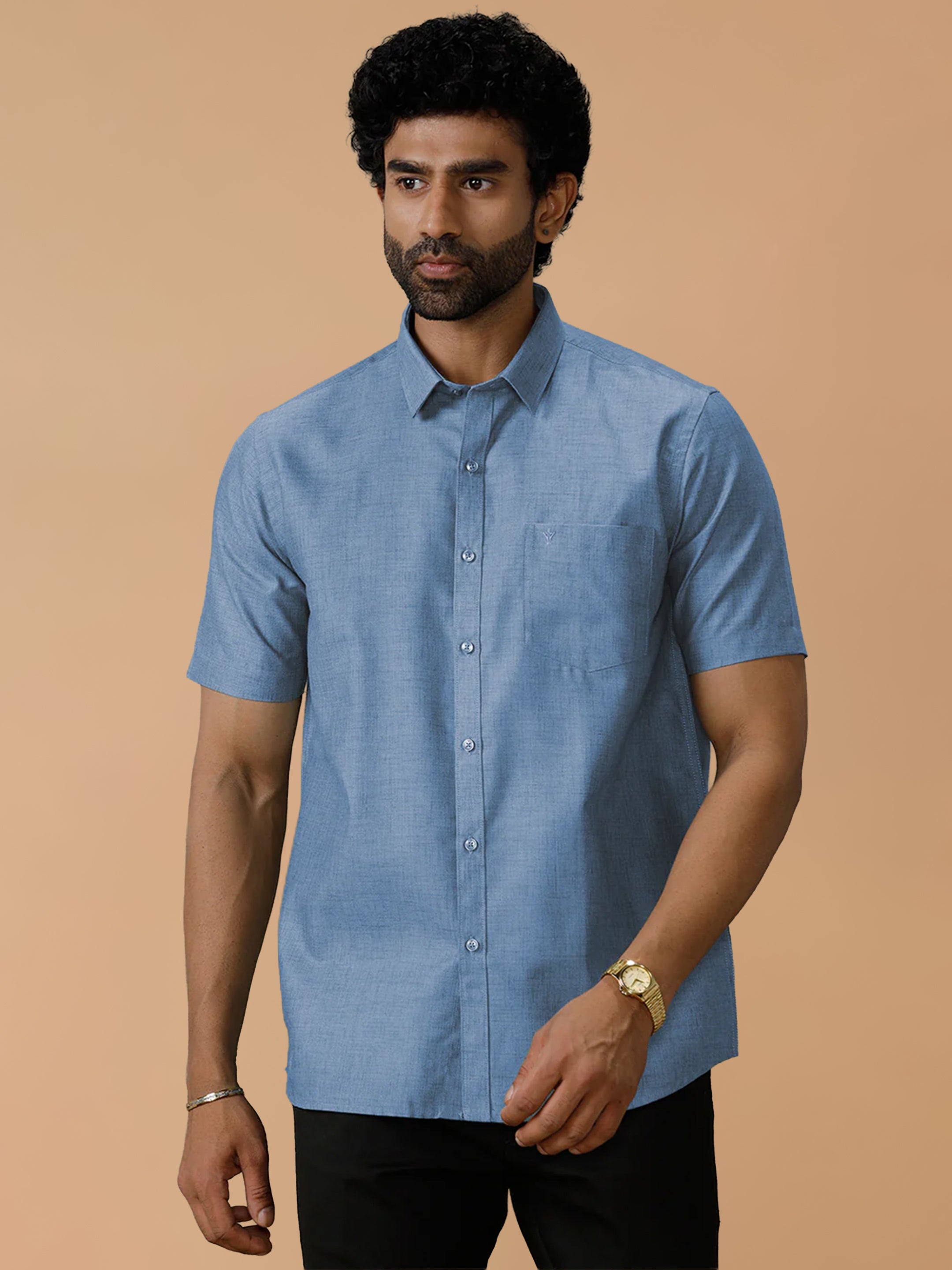 Cotton Rich Deep Blue Regular Fit Shirt Trendy 8 YH6