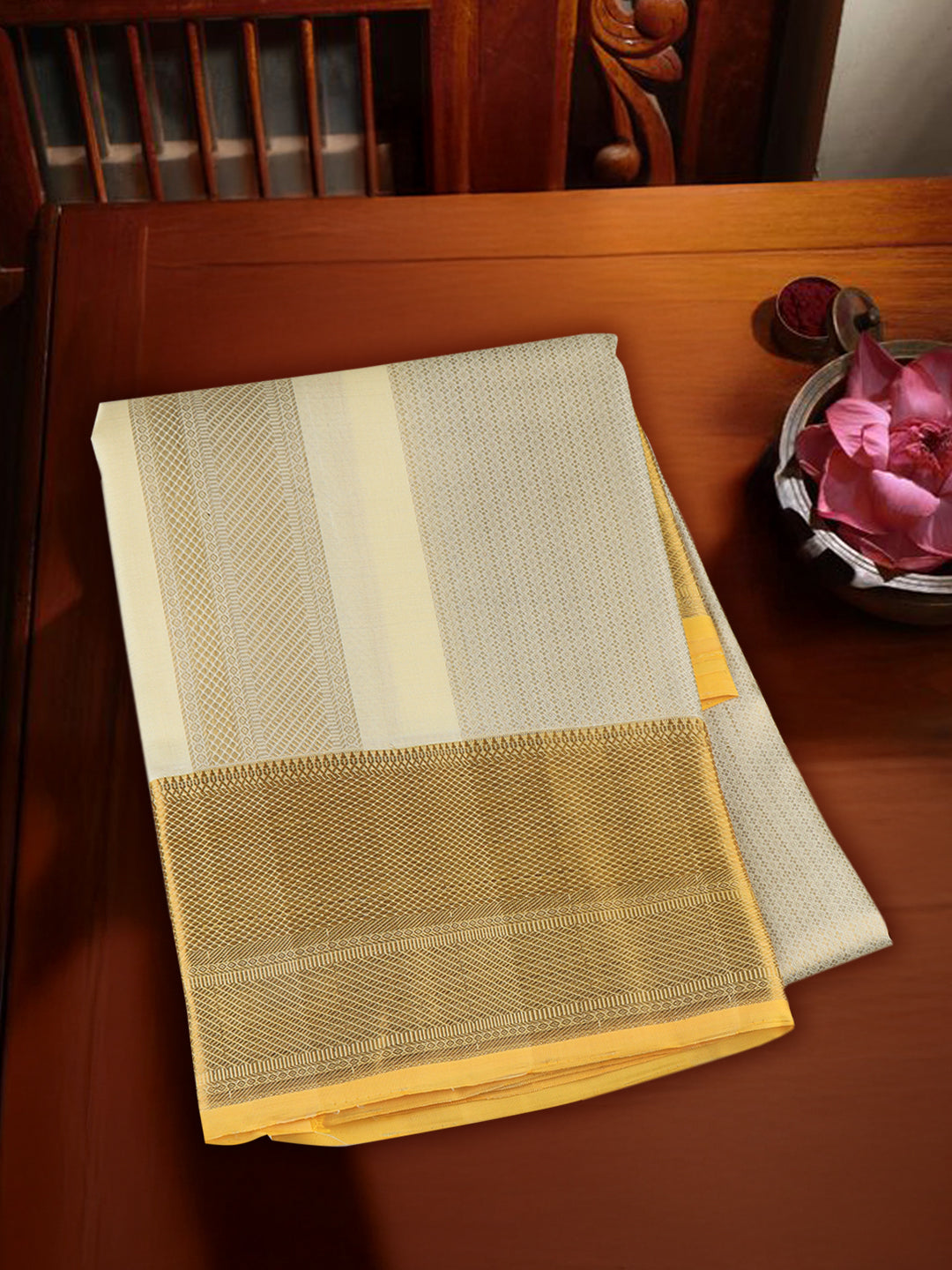 Men Premium Pure Silk Cream Dhoti & Towel Set with 6" inch Gold Jari Border Amirtham AM15