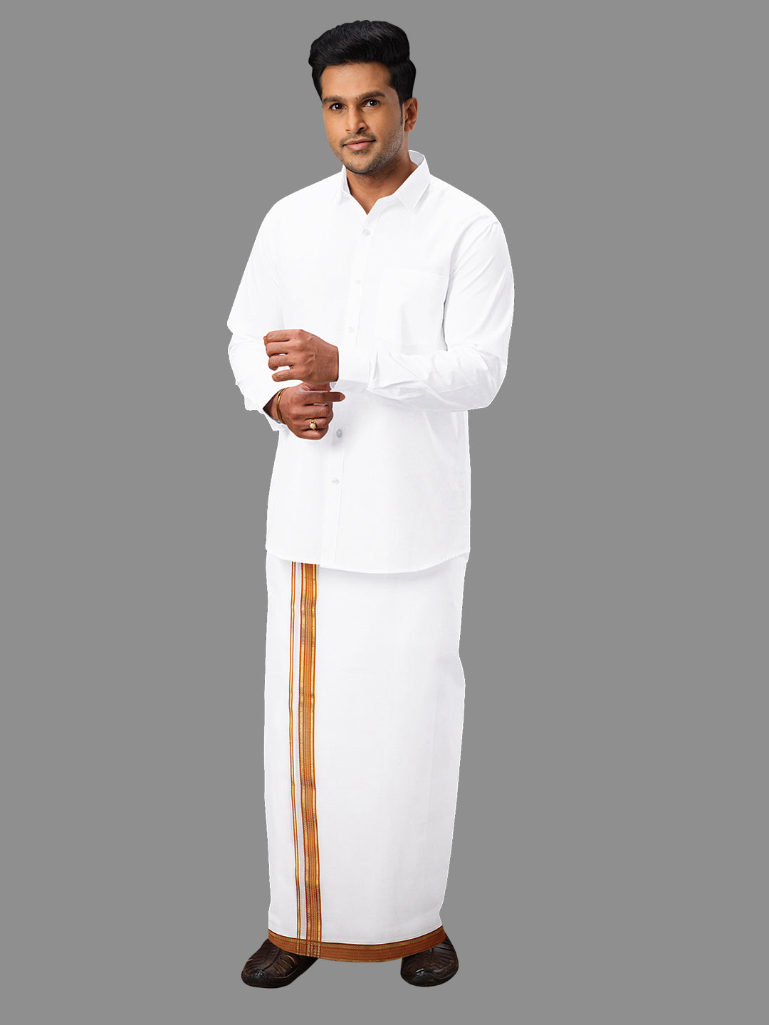 Men 100% Cotton Double Layer White Dhoti with Fancy Jari Border RF02