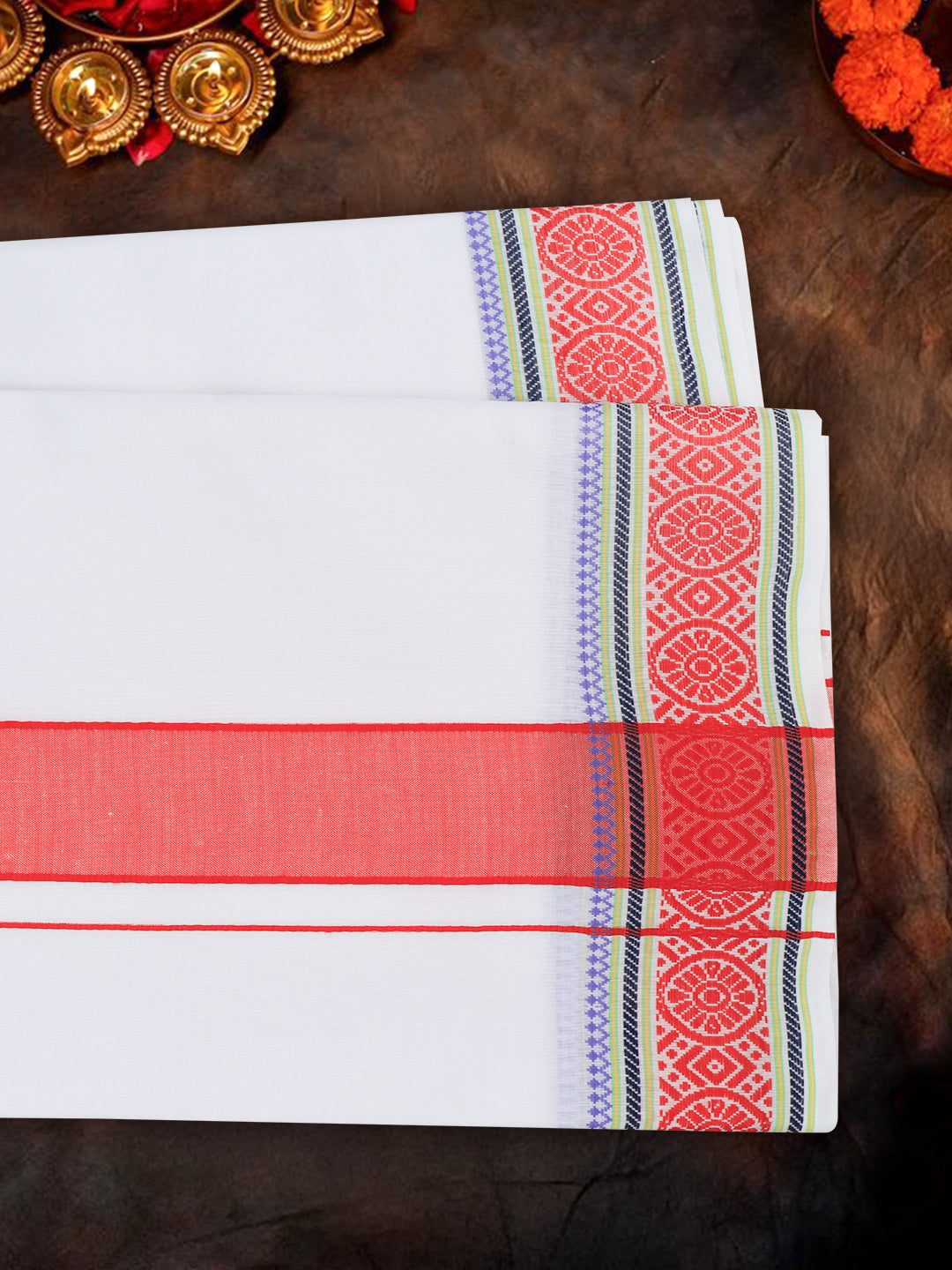 Men Cotton Red Fancy Border Panchakacham with Angavasthram Srirasthu(9+5) SR44
