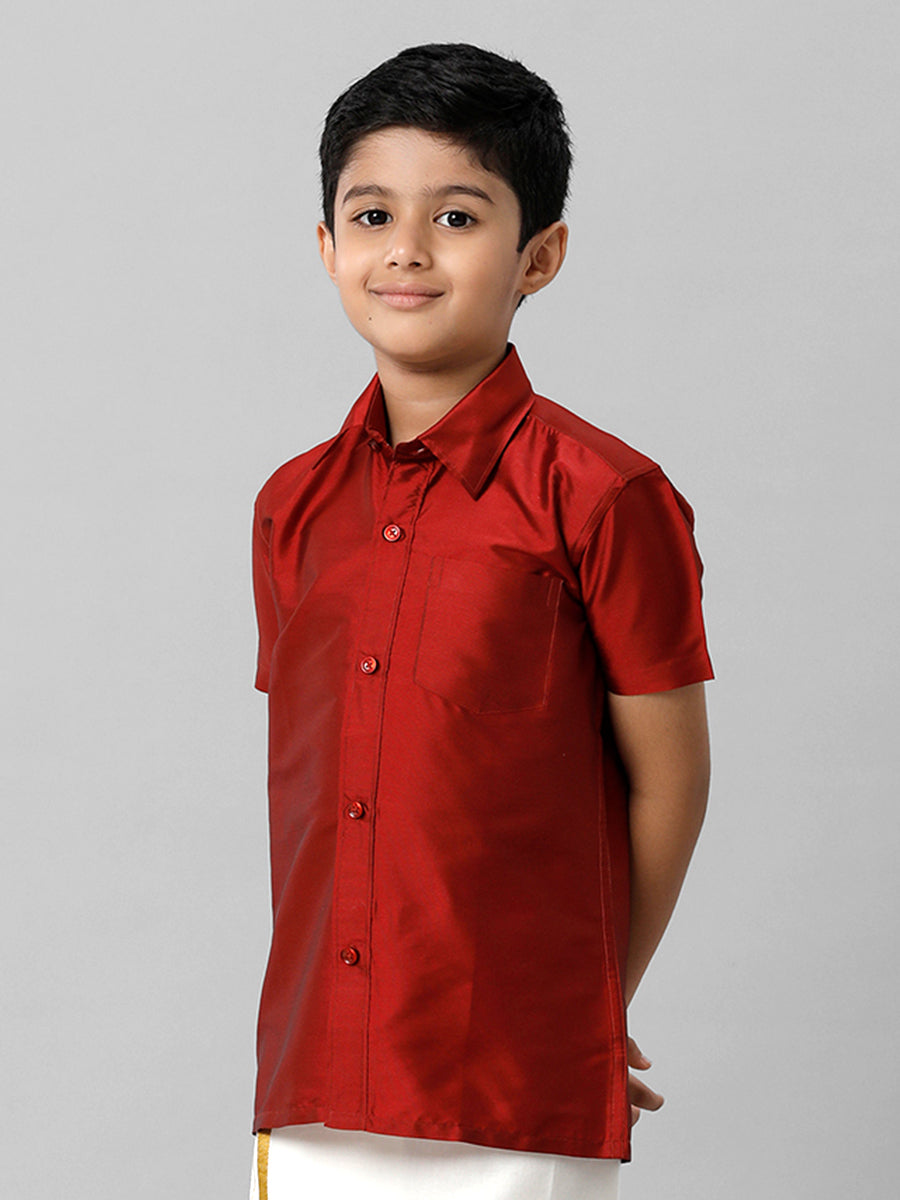Boys Silk Cotton Red Half Sleeves Shirt K8-Side view