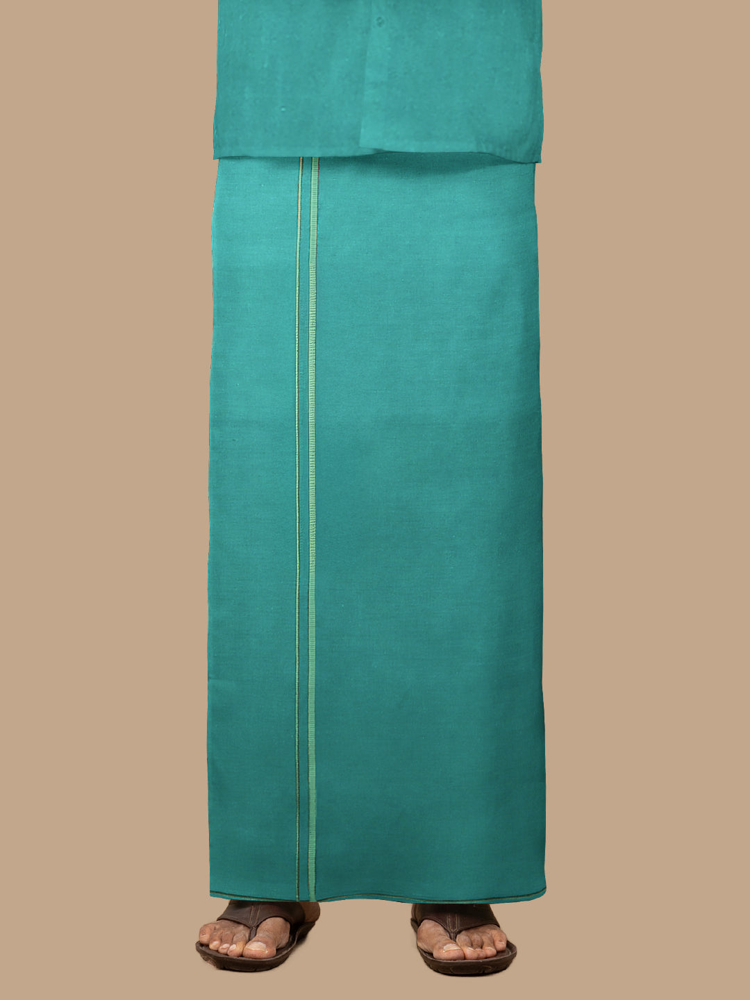 Men Cotton Blend Single Layer Dhoti & Towel Set Green with Assorted Border Poojan