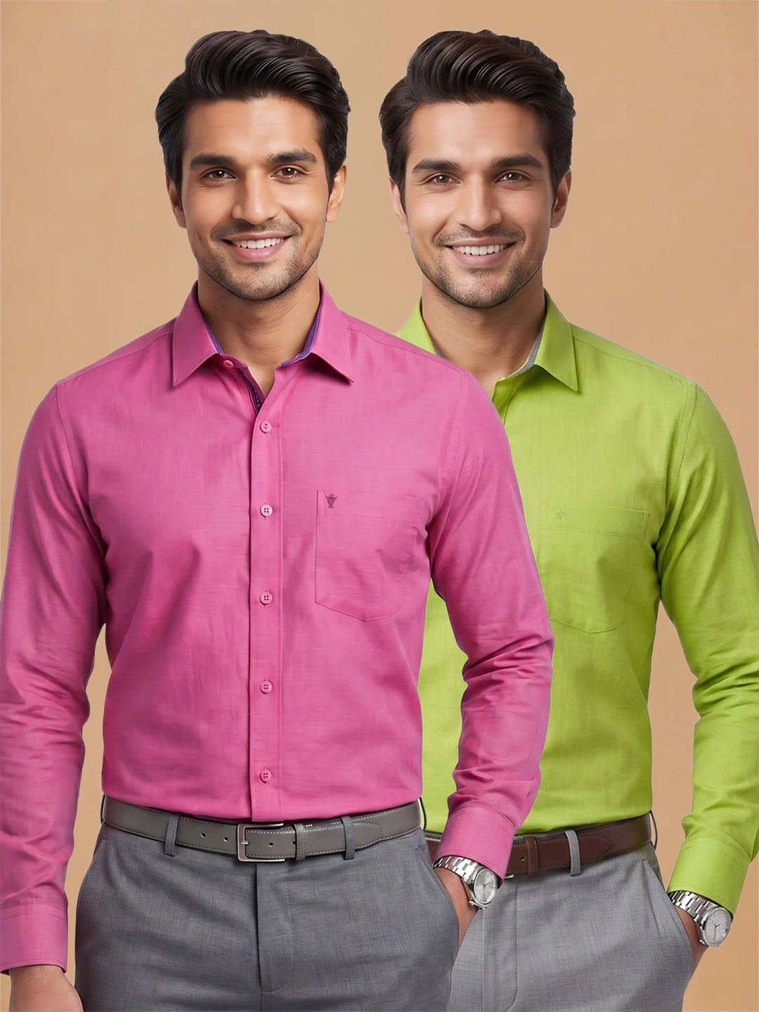 Pack of 2 | 100% Cotton Smart Fit Shirts - Pink & Yellowish Green