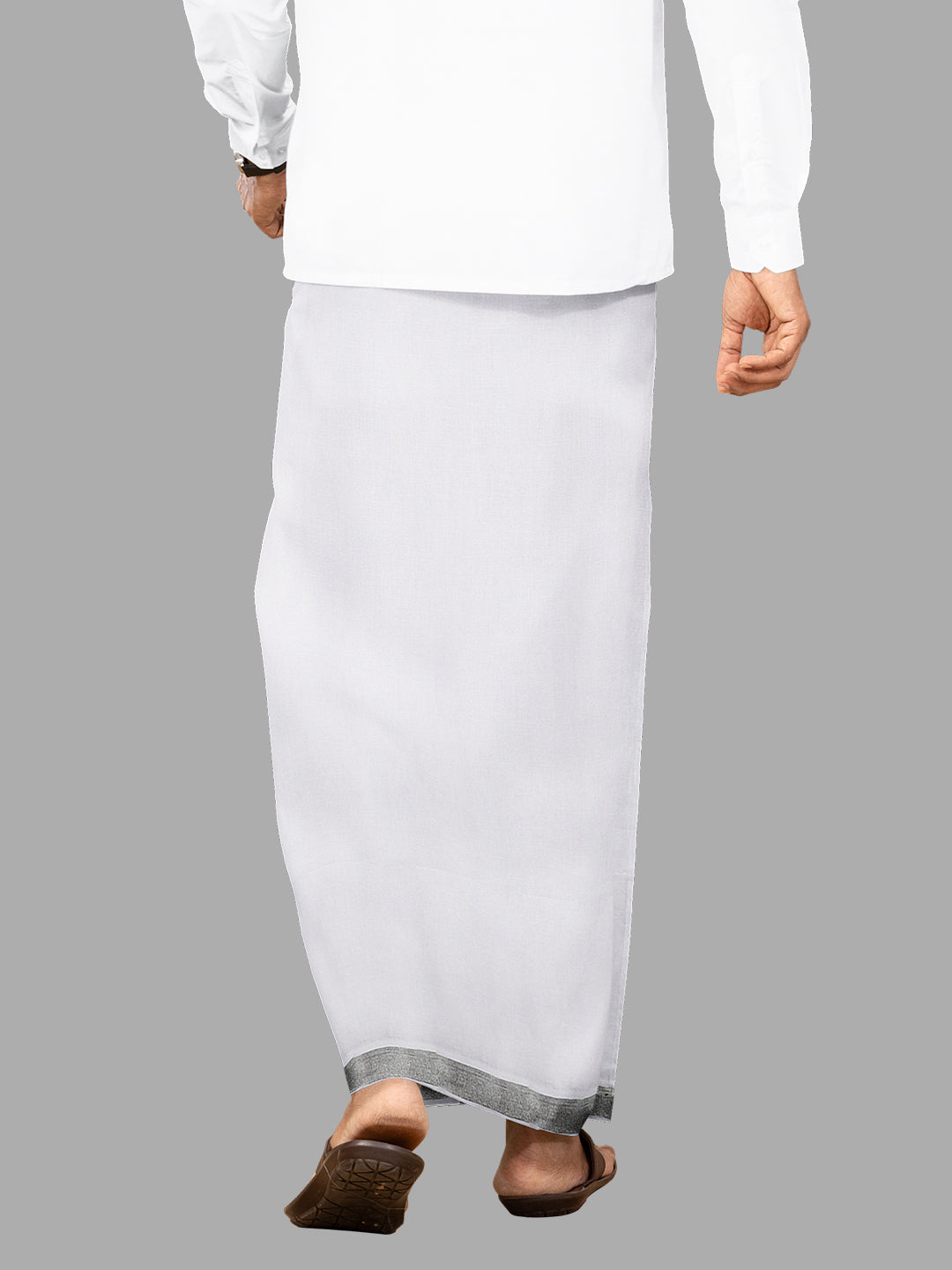 Men Cotton Blend Double Layer White Dhoti with Silver Jari Border
