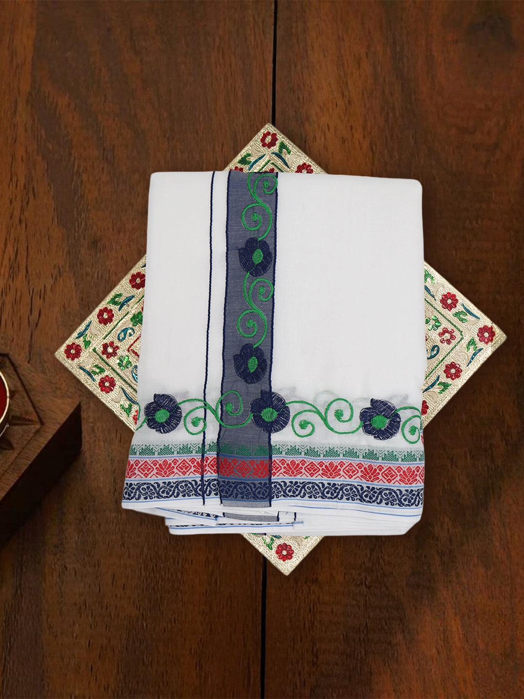 Men 100% Cotton Navy Fancy Border Panchakacham Set White(9+5)