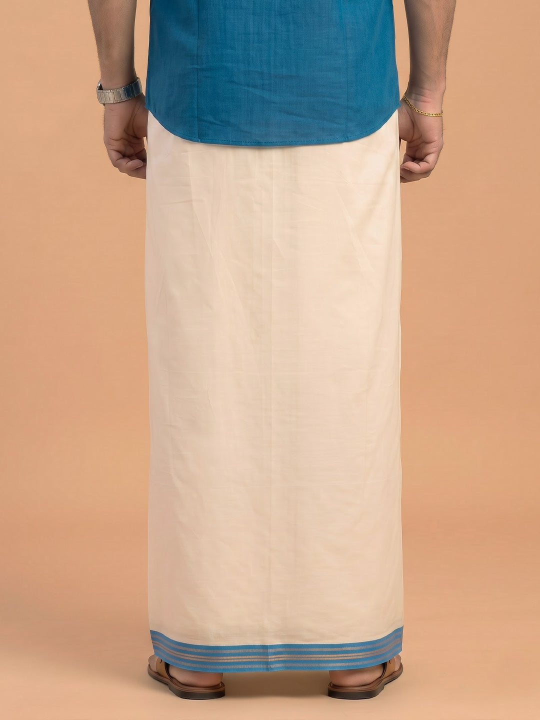 Double Layer 100% Cotton Cream Kora Dhoti with Colour Jari Border - RKF01