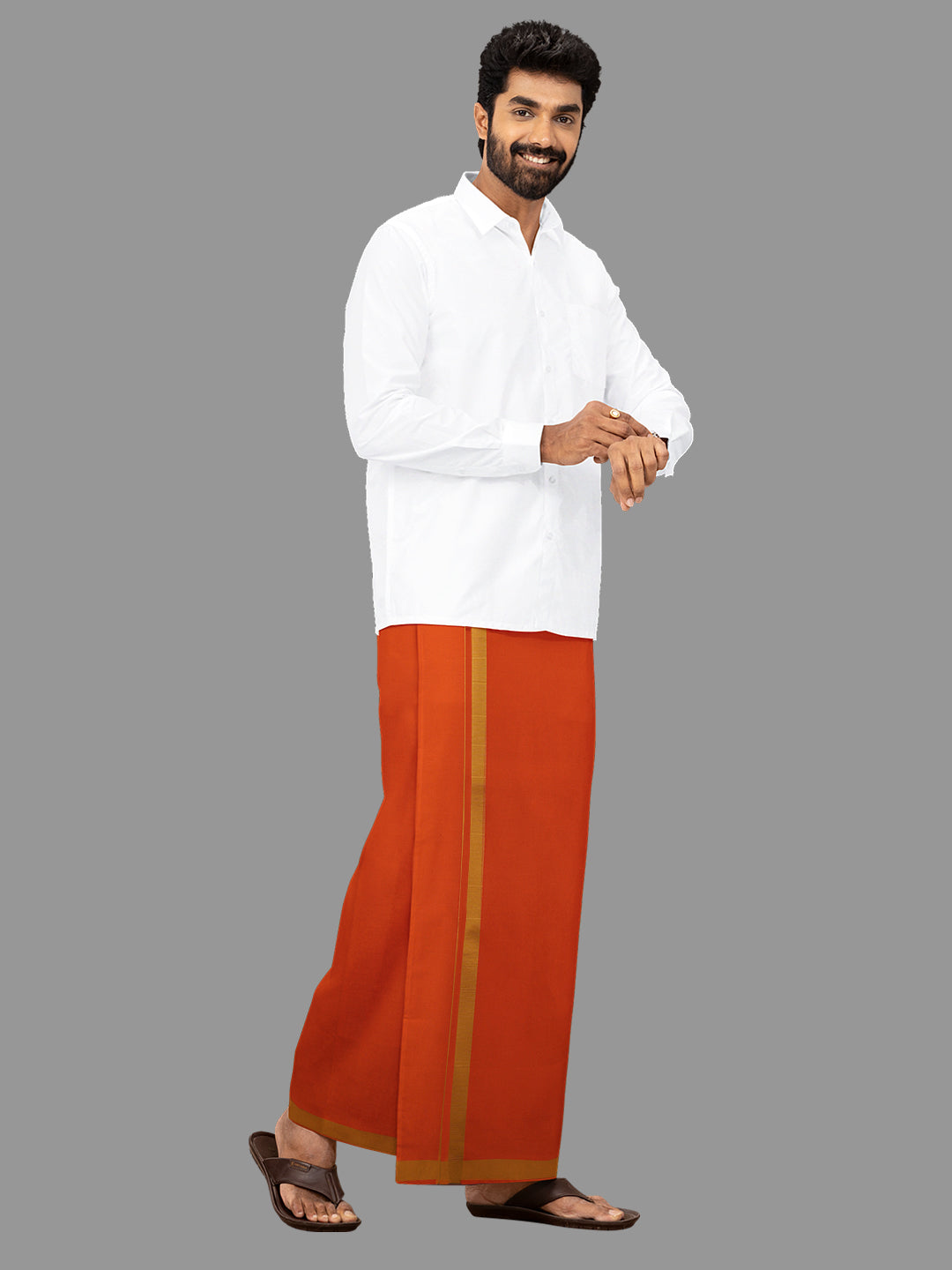 Men Cotton Blend Single Layer Orange Dhoti with Big Border Rishi
