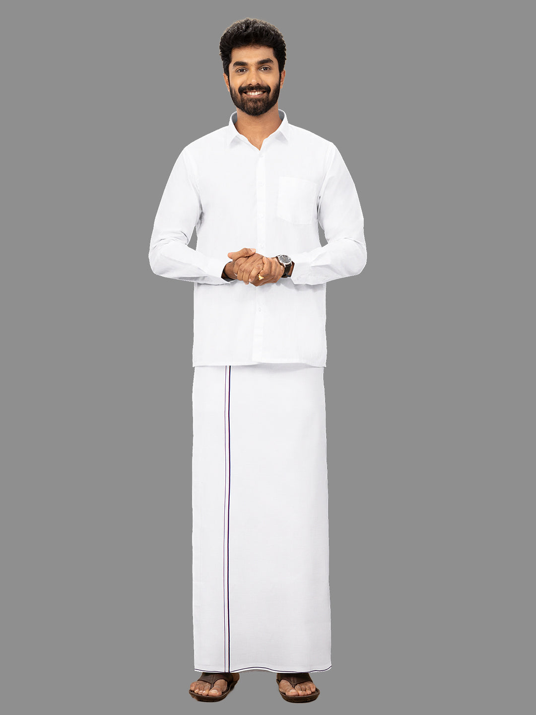Men Cotton Blend Single Layer White Dhoti with Assorted Border