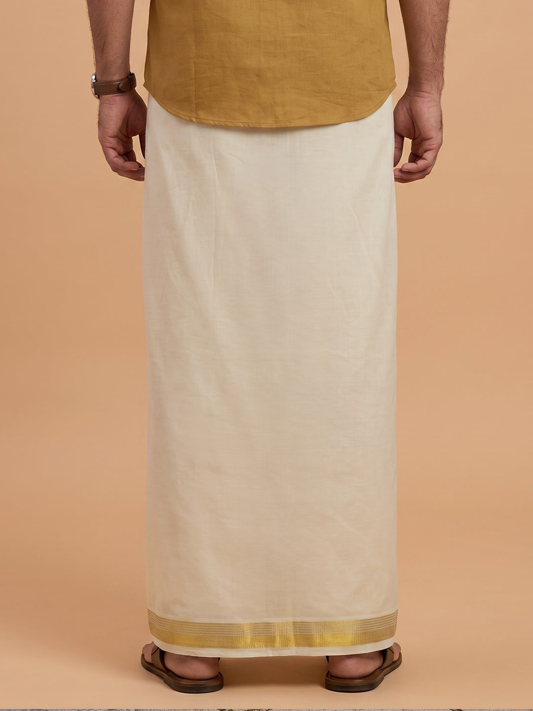 Double Layer Premium Handloom Cream Dhoti with Jari Border - HLM118