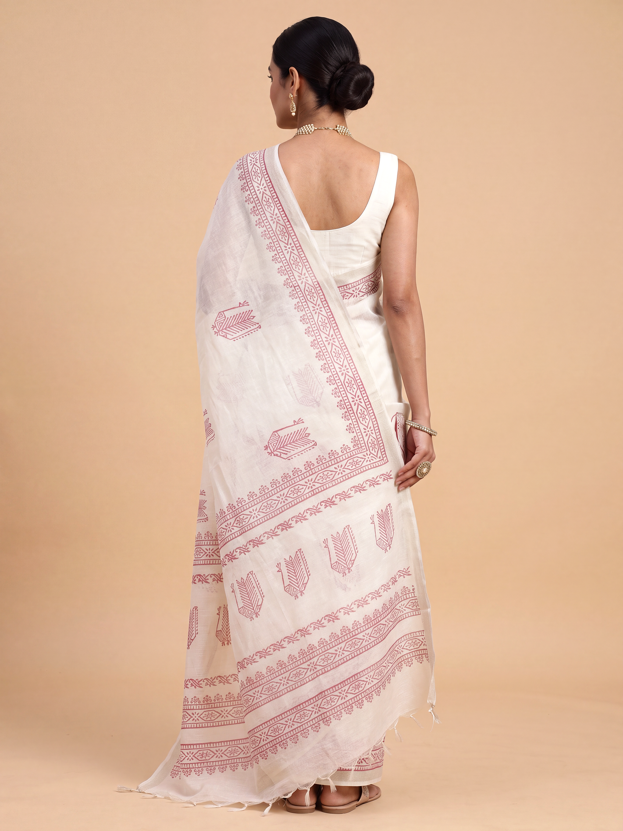 Women White Semi Chanderi Cotton Printed Saree SC85