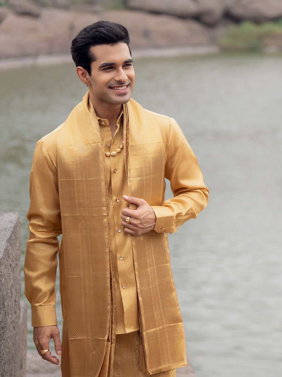 Premium Silk Pure Jari Gold Jacquard Weaving Dhoti Shirting & Towel Set with 5" Jari Border – Rajadharbar