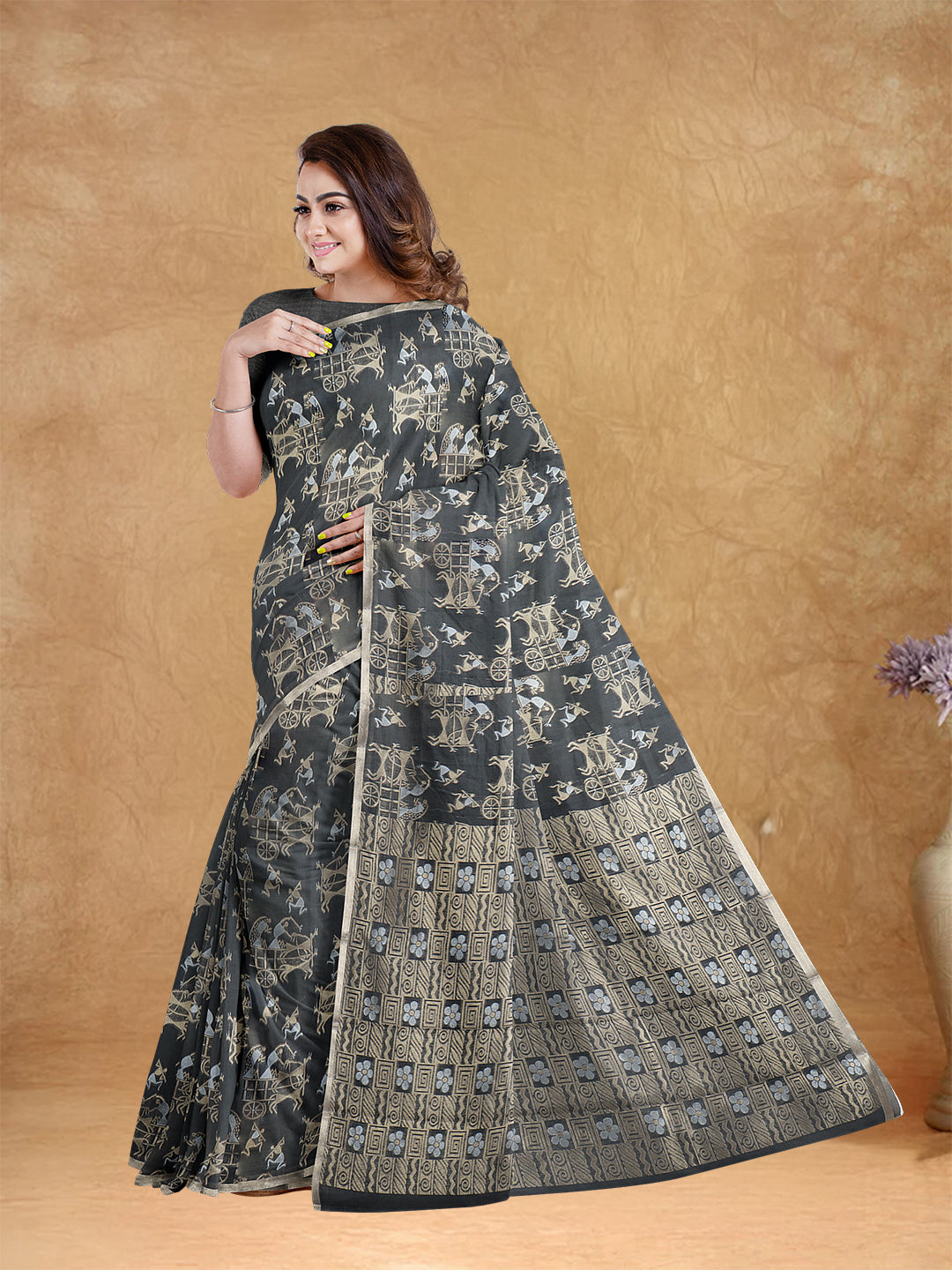 Couple Combo Shirt & Dhoti Set with Saree Grey PCS184