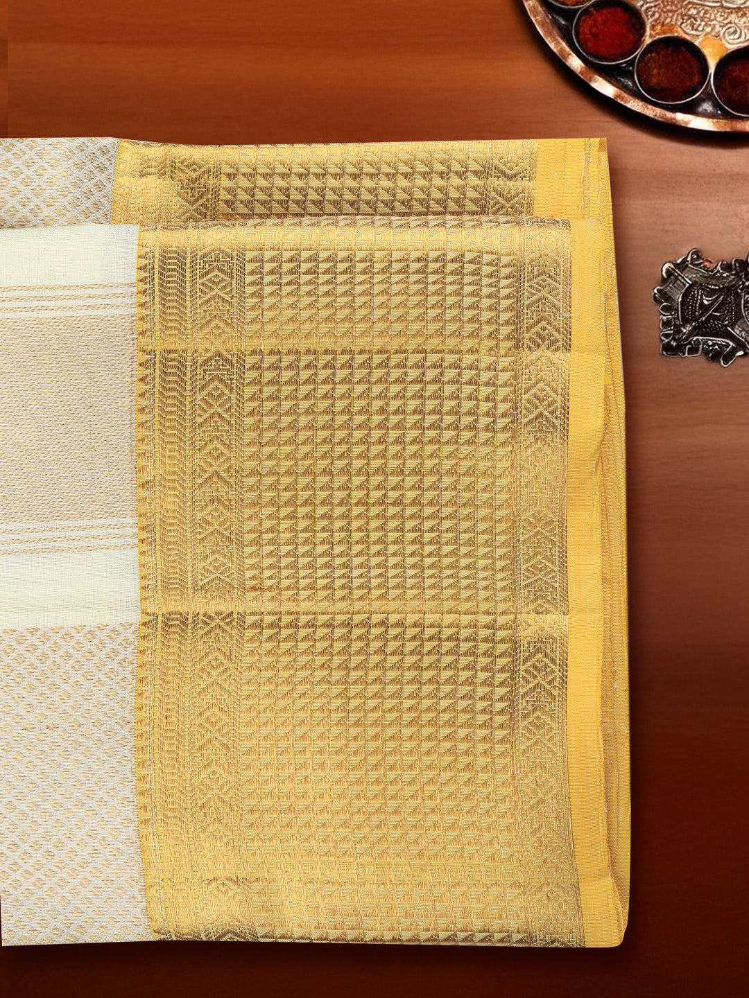 Men Luxury Premium Pure Silk Cream Dhoti Towel Set with 6" inch Gold Jari Border Amirtham AM19