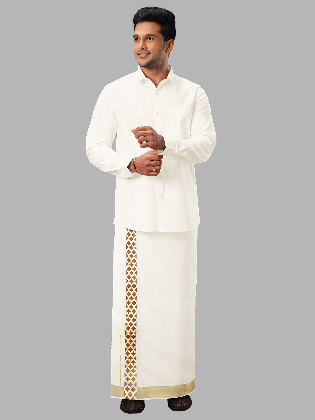 Men Kora Cotton Double Layer Dhoti with Fancy Jari Border Pazhassi Royal Red