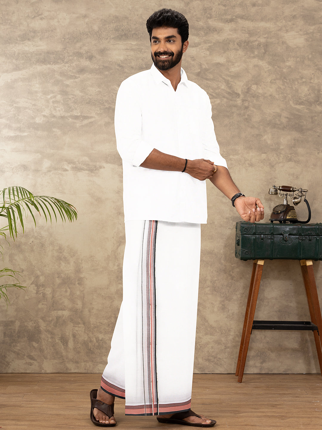 Men 100% Cotton Double Layer White Dhoti with Fancy Jari Border MJF01
