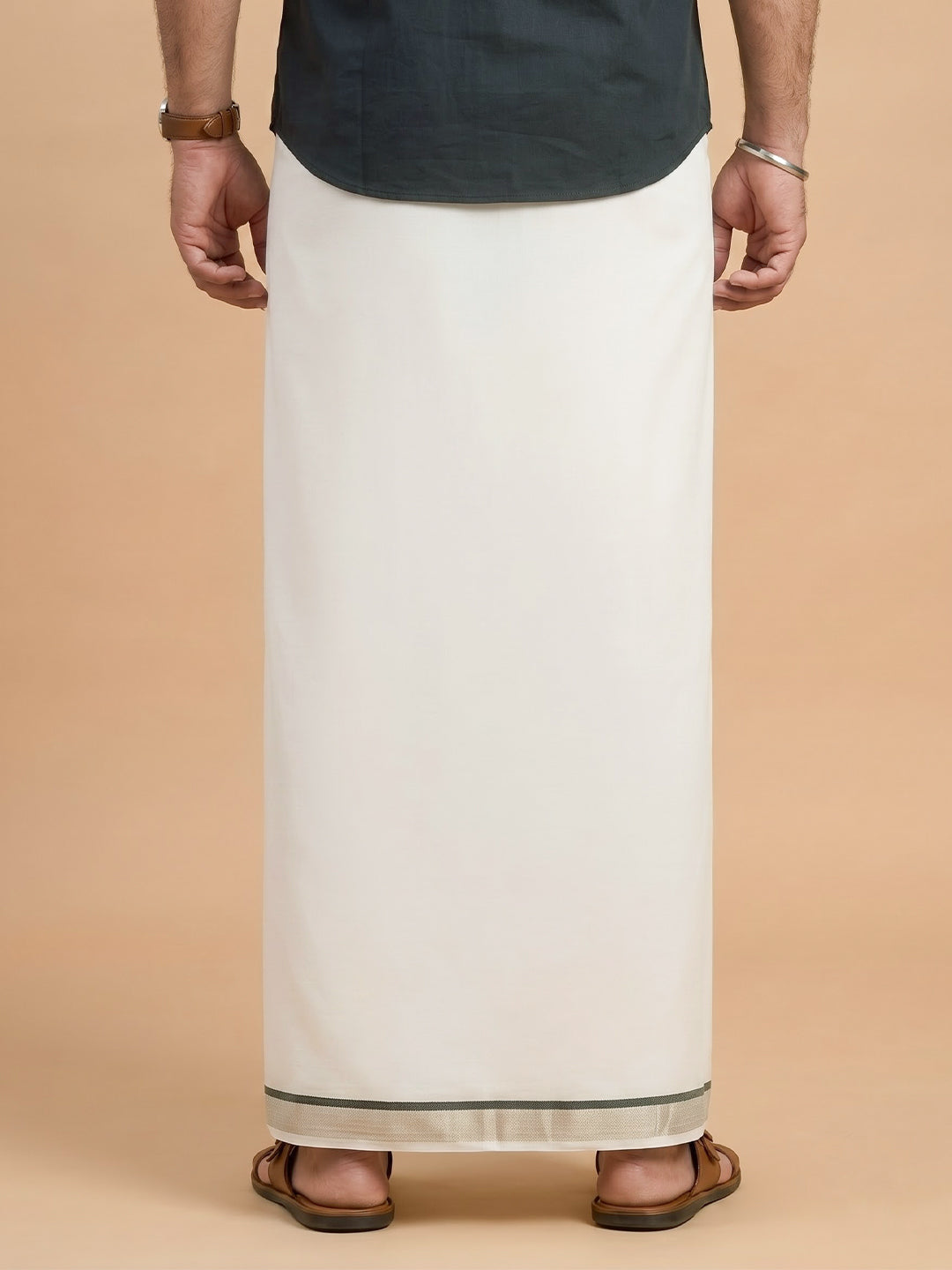Double Layer 100% Cotton White Dhoti with Colour Jari Border - LC53