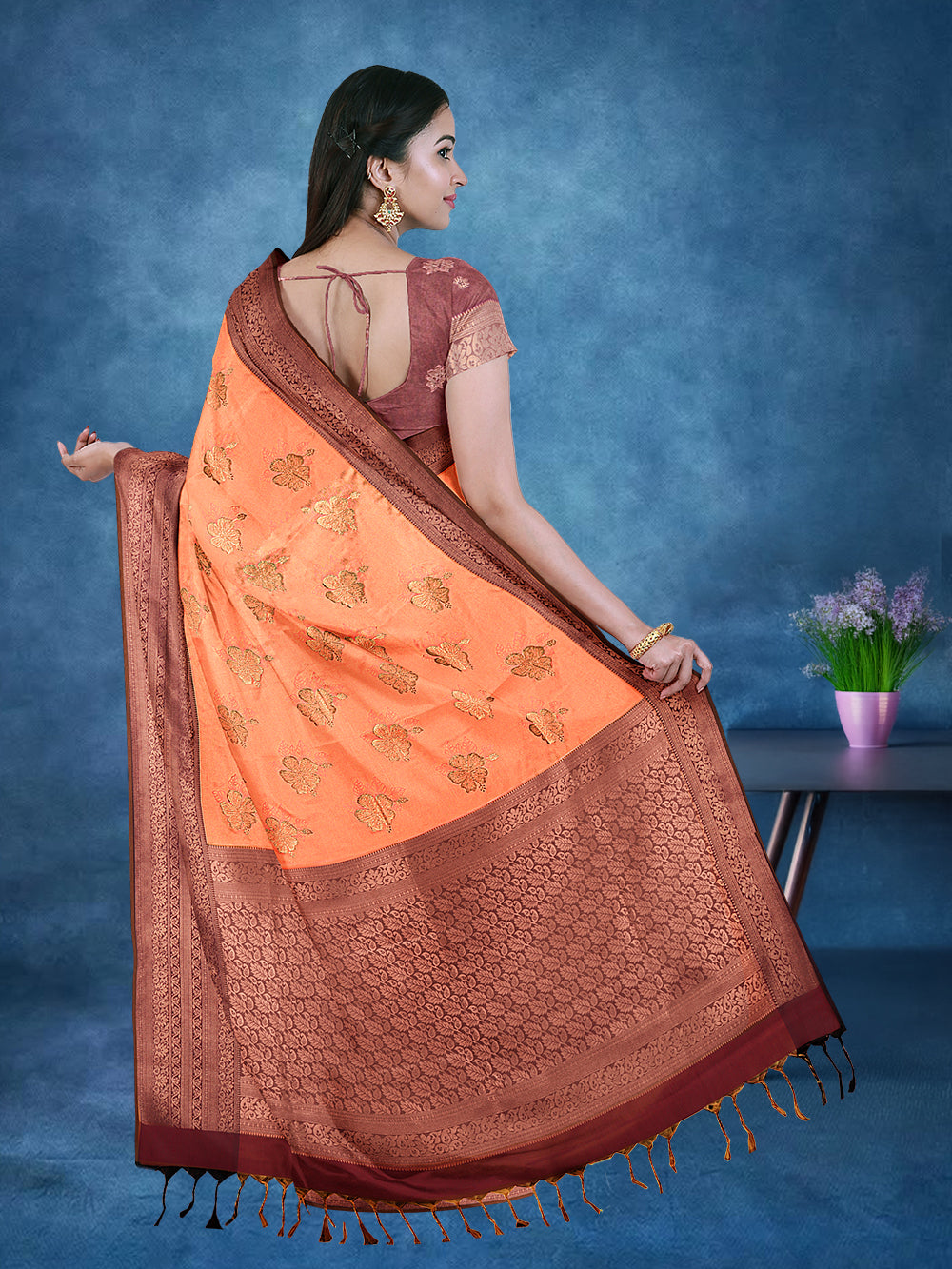 Women Orange Soft Silk Saree SD02