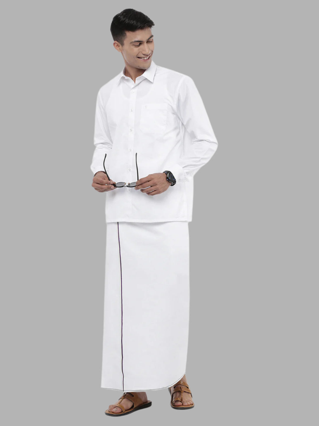 Men Cotton Blend Single Layer White Dhoti with Small Border Lee Sort