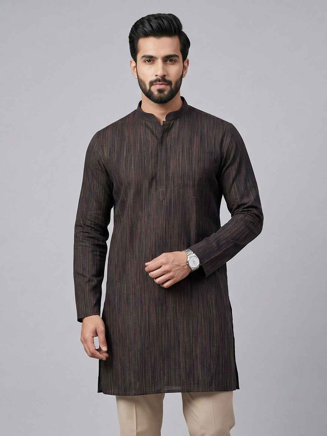 Men Cotton Medium Length Striped Pocket Kurta Brownish Black PE24