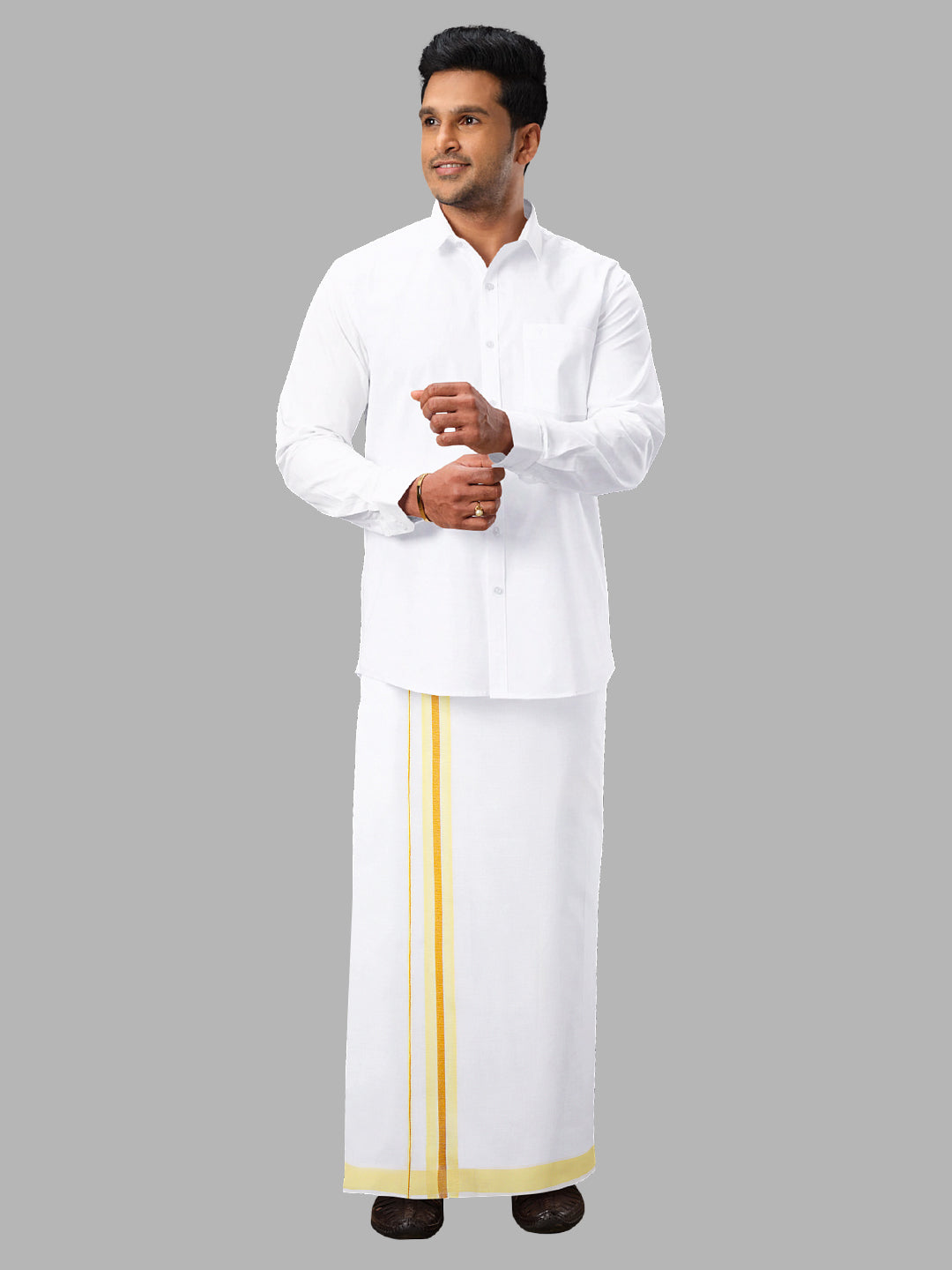 Men Cotton Blend Readymade Single Layer White Dhoti with Fancy Jari Border GACJ28
