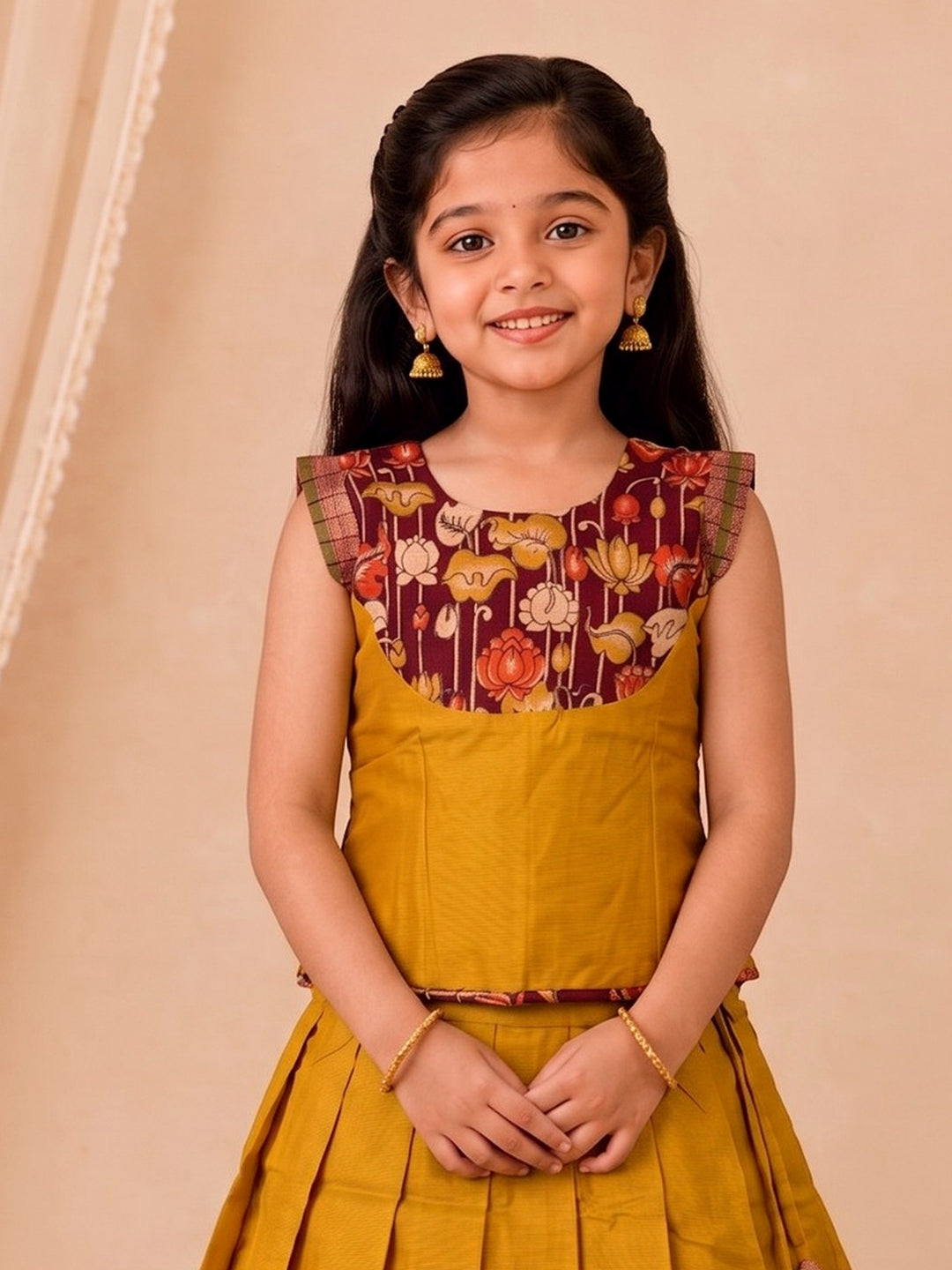 Girls Cotton Mustard Pattu Pavadai Set GPS53
