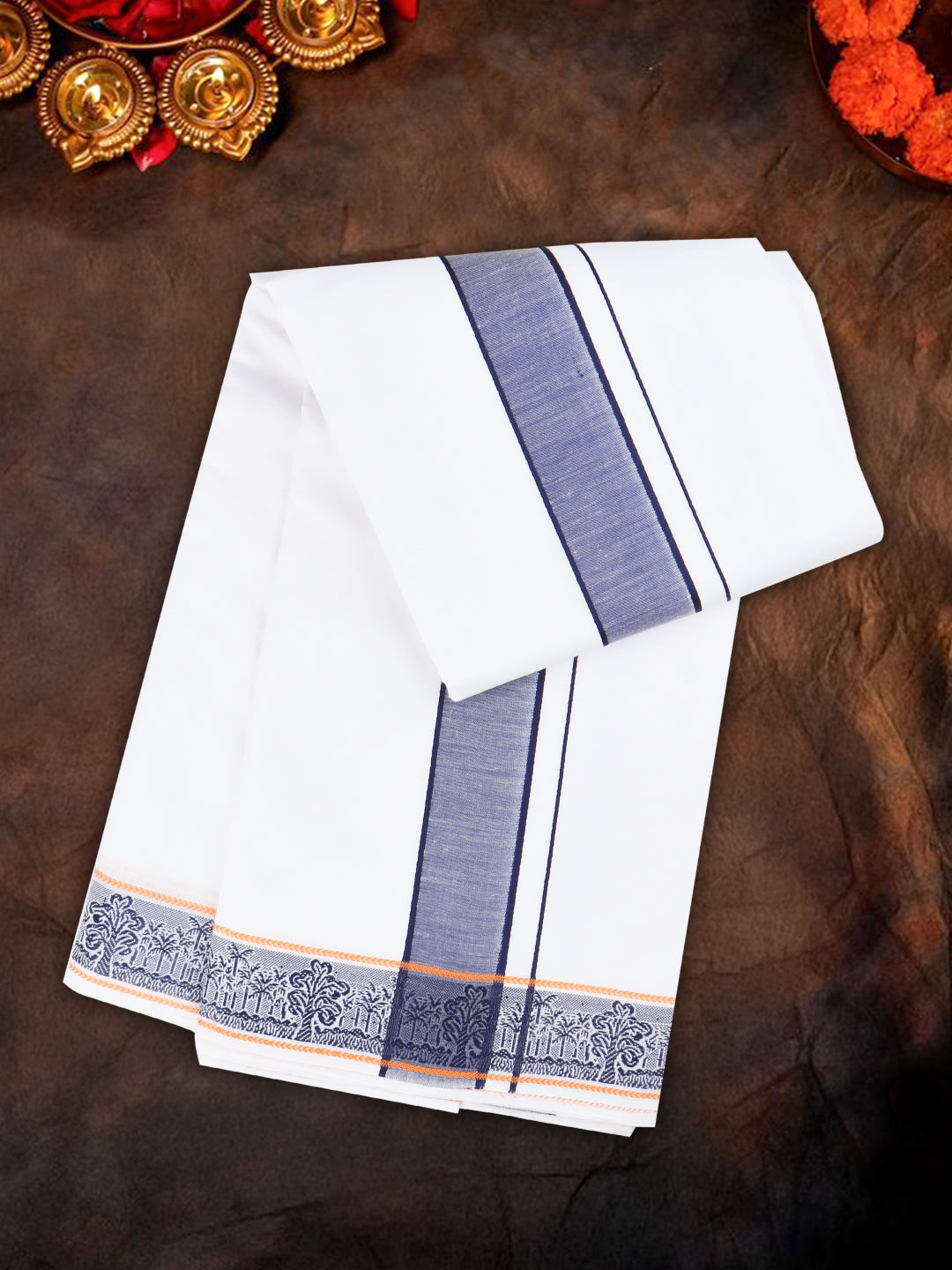 Men Cotton Navy Fancy Border Panchakacham with Angavasthram Srirasthu(9+5) SR57