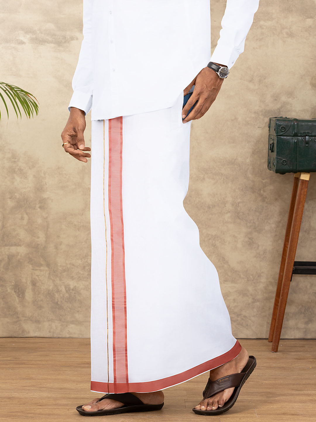 Men Cotton Blend Readymade Double Layer White Dhoti with Fancy Jari Border GFDA08