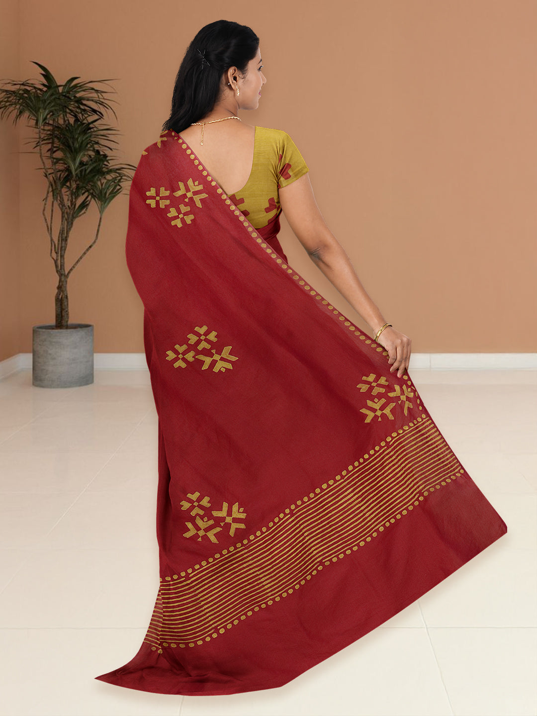 Women Dark Orange Cotton Saree with Double Blouse PCS211