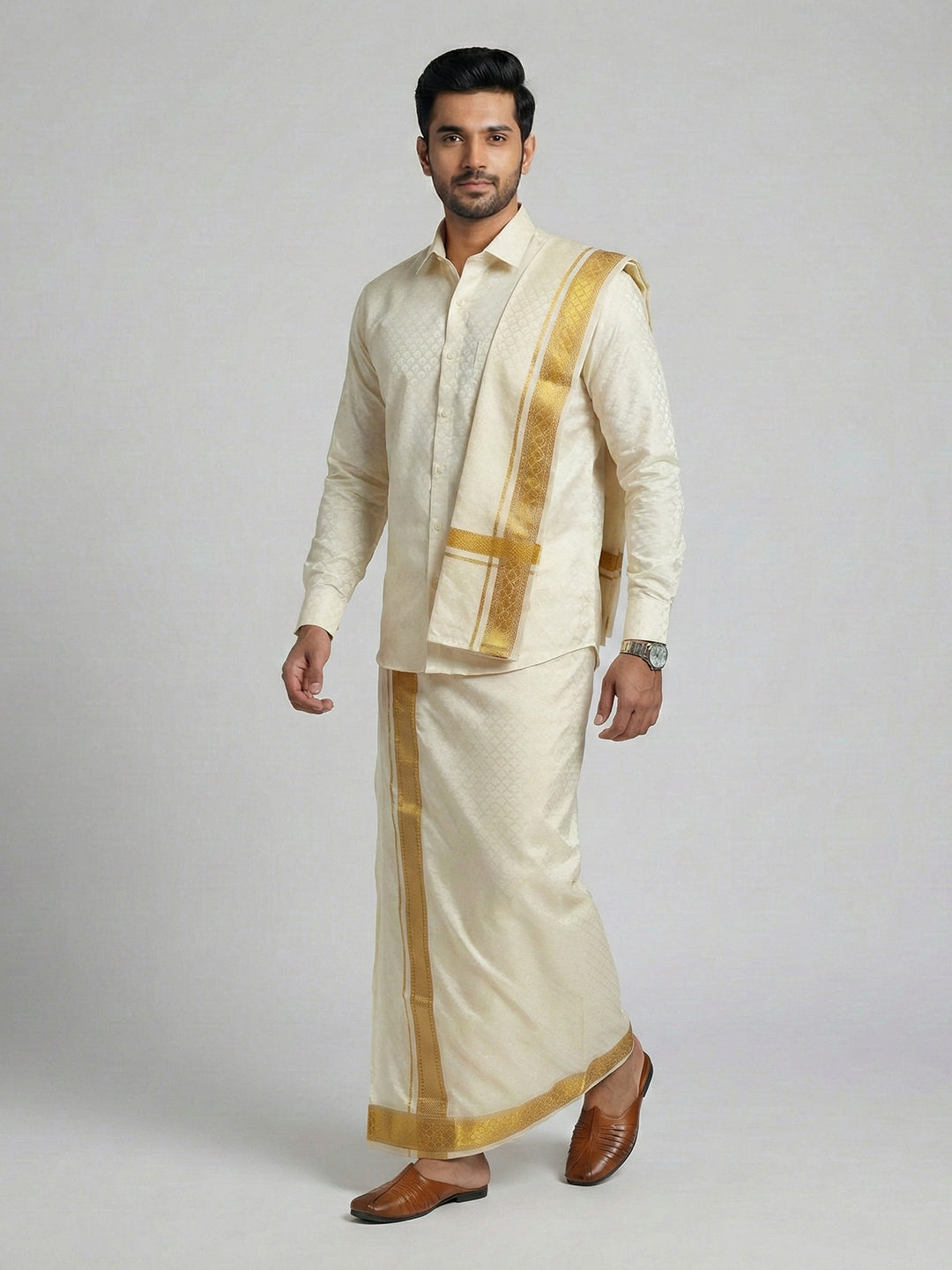 Men Art Silk Self Design Shirt with Readymade Dhoti & Towel Set Cream CRJD2
