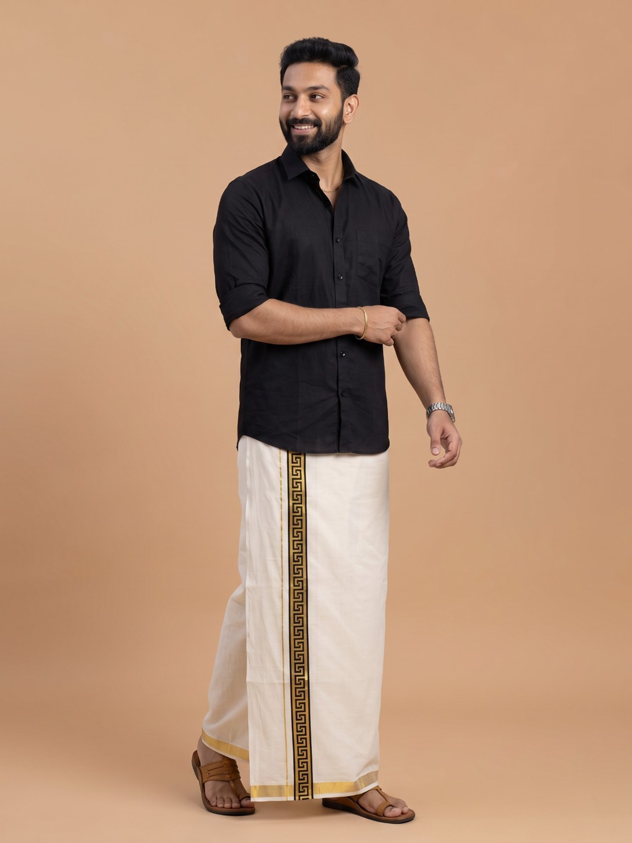 Double Layer Kora Cotton Cream Dhoti with Colour Border - HF Gold HFG01