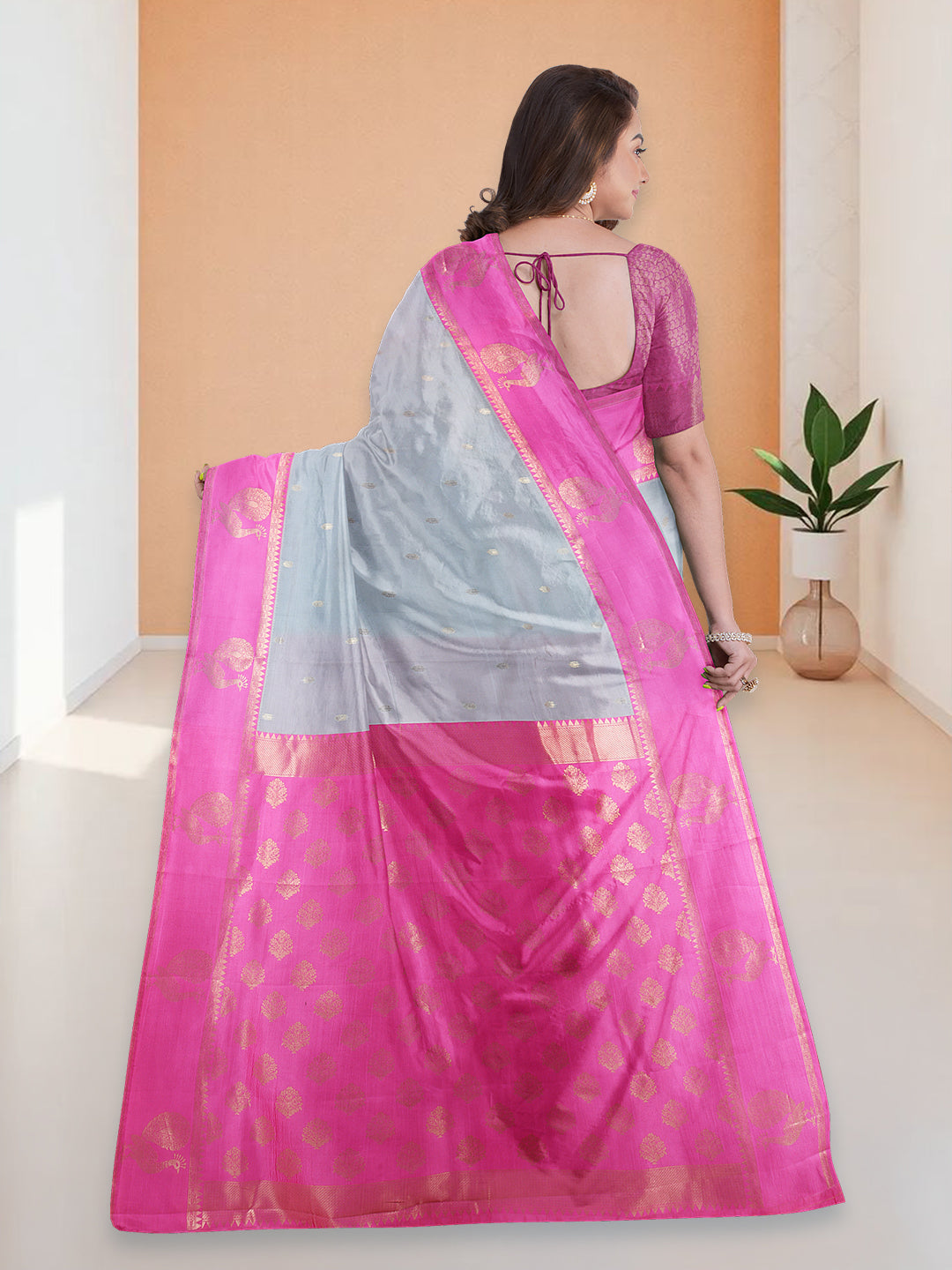 Women Grey with Pink Art Silk Saree ASS95
