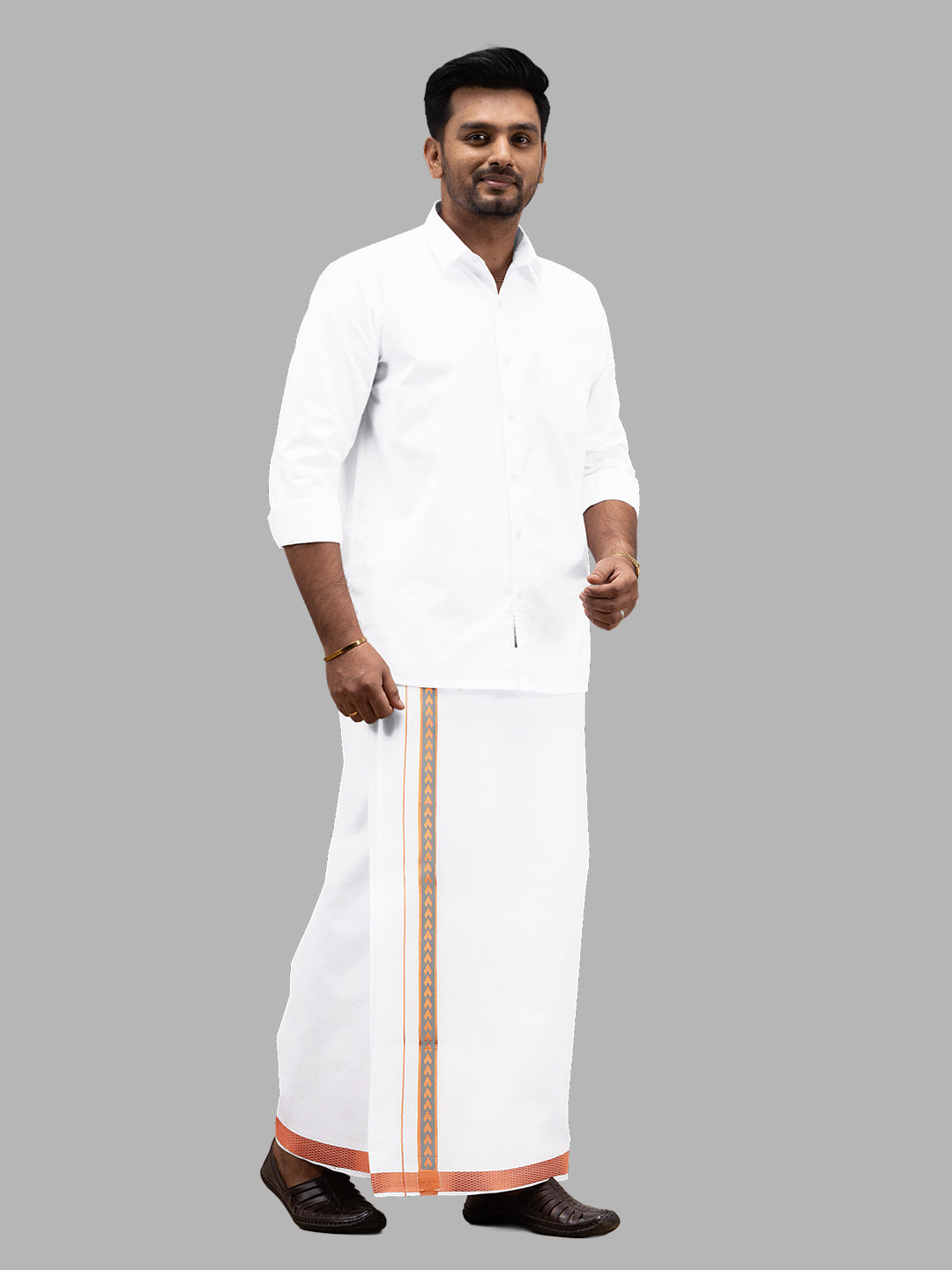 Men Cotton Blend Single Layer White Dhoti with Fancy Jari Border Roxy R03