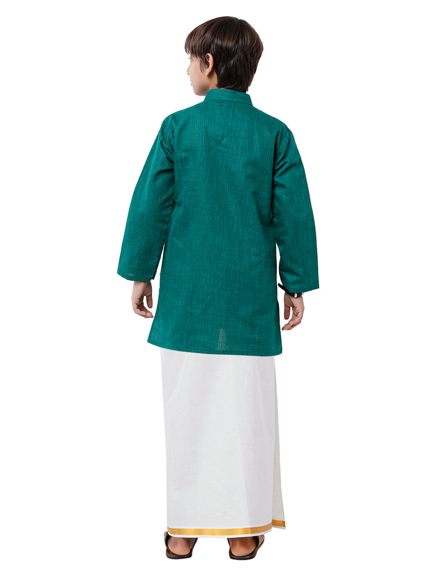 Like Father Like Son Dark Green Kurta and Gold Jari White Dhoti Combo FS5-Kid back view