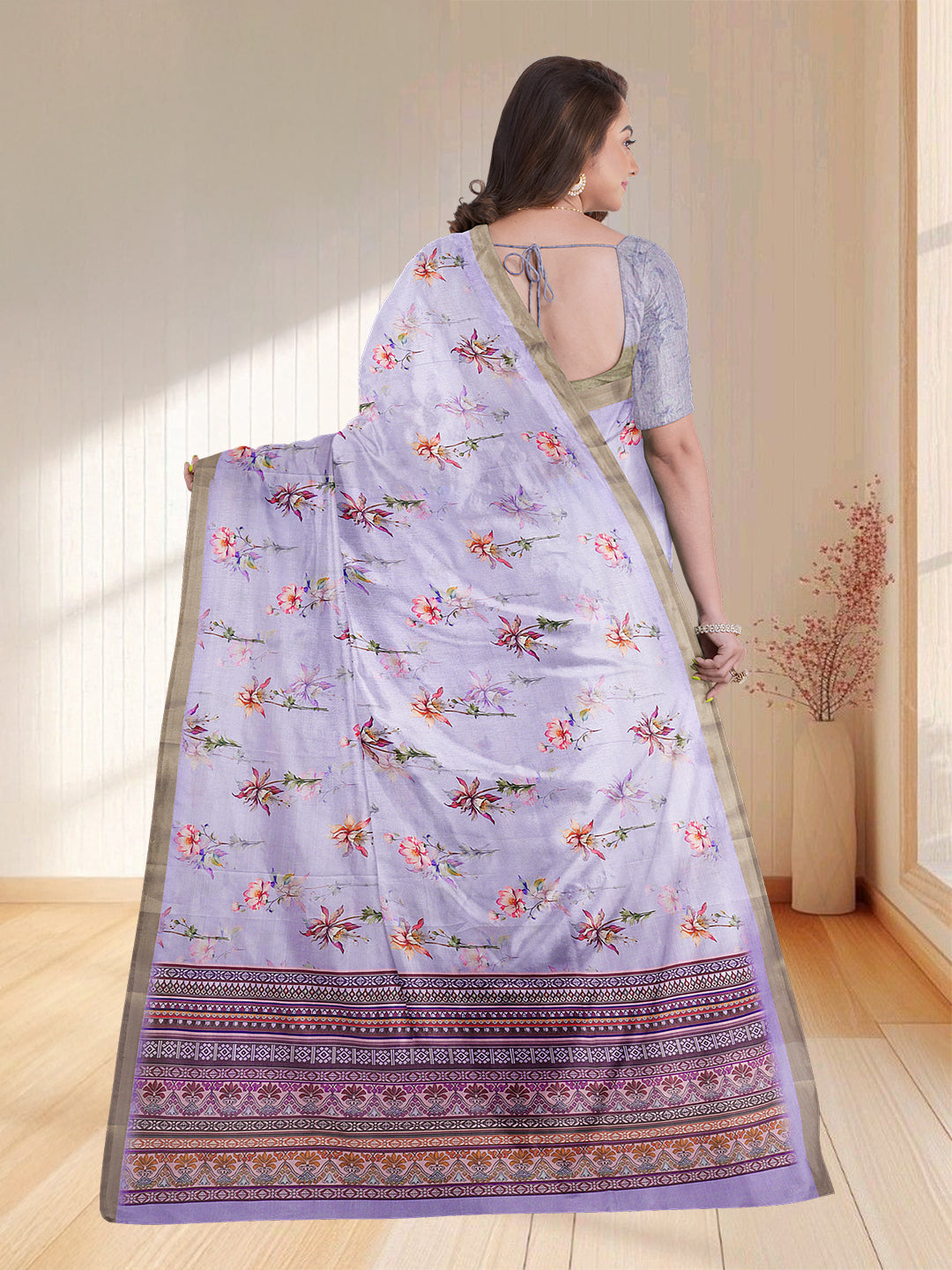 Women Lavender Semi Tussar Printed Saree ST248