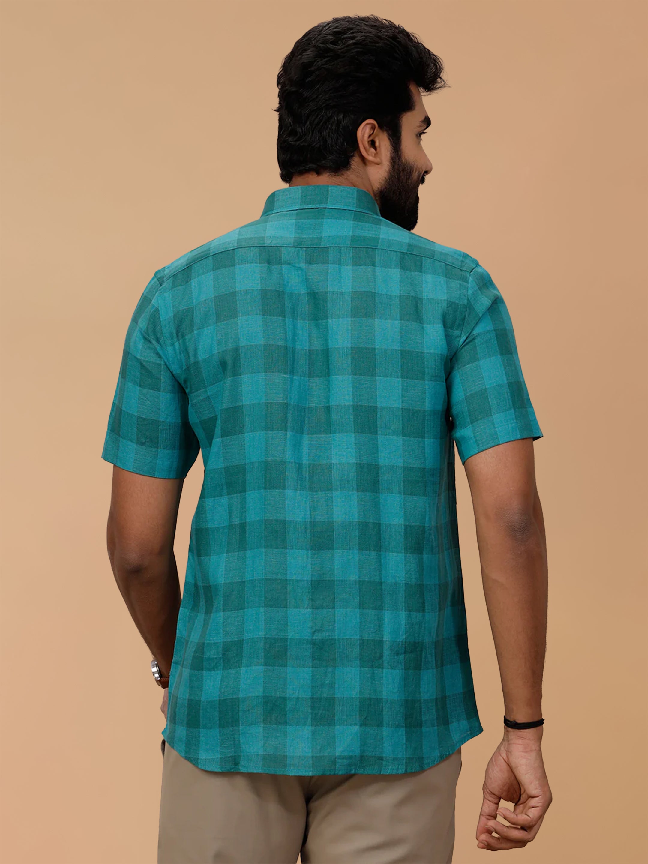 Pure Linen Big Checked Green Smart Fit Shirt LS78