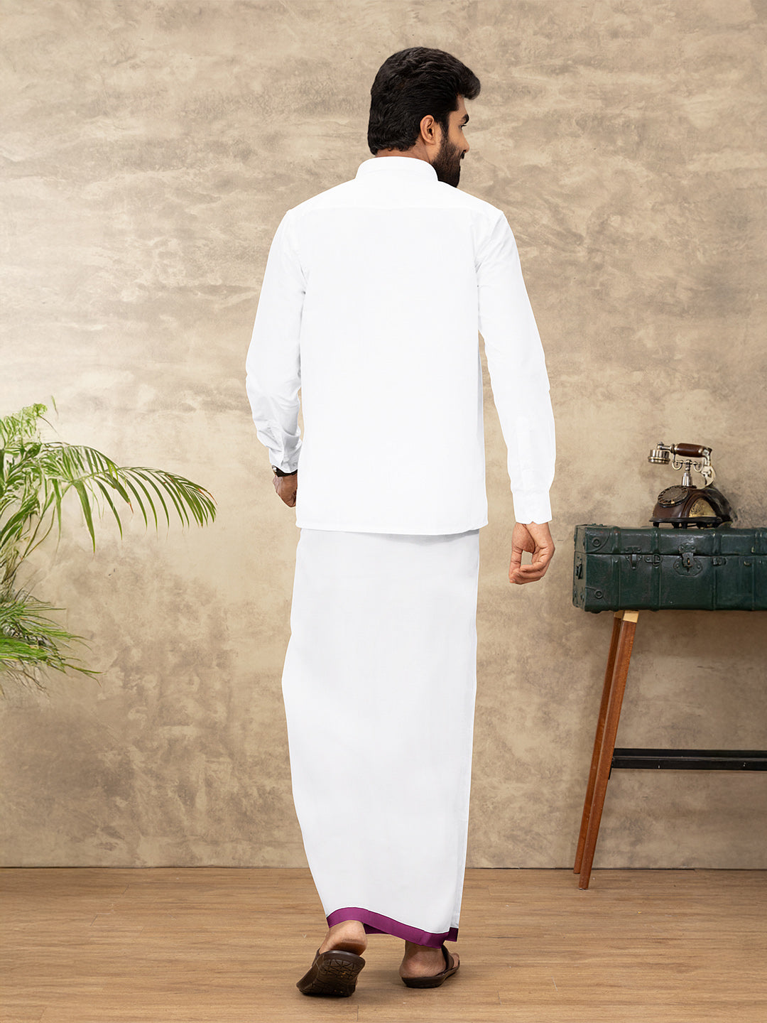 Men Cotton Blend Double Layer White Dhoti with Fancy Border TF05
