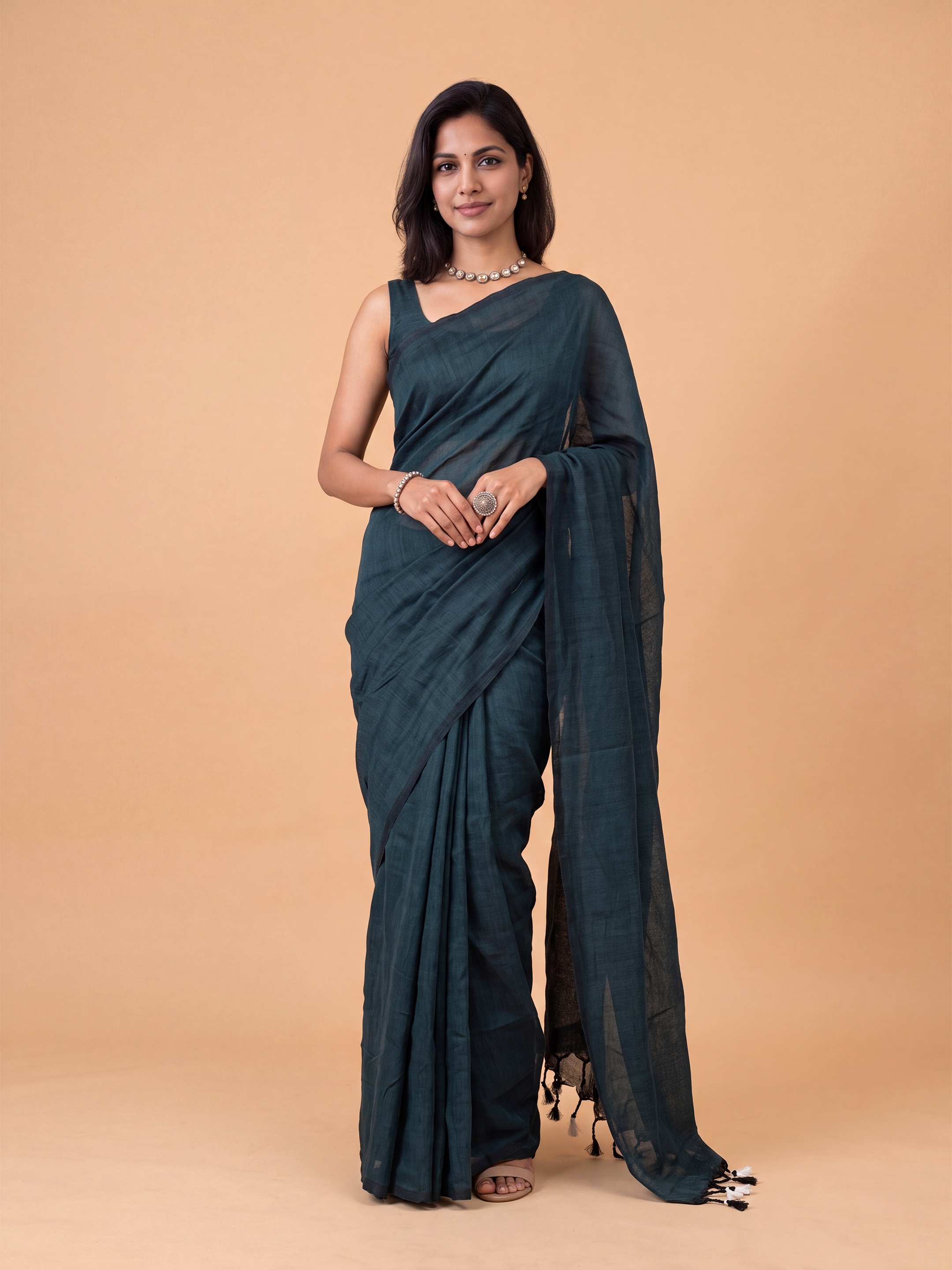 Women Pure Cotton Teal Green Saree PCS291
