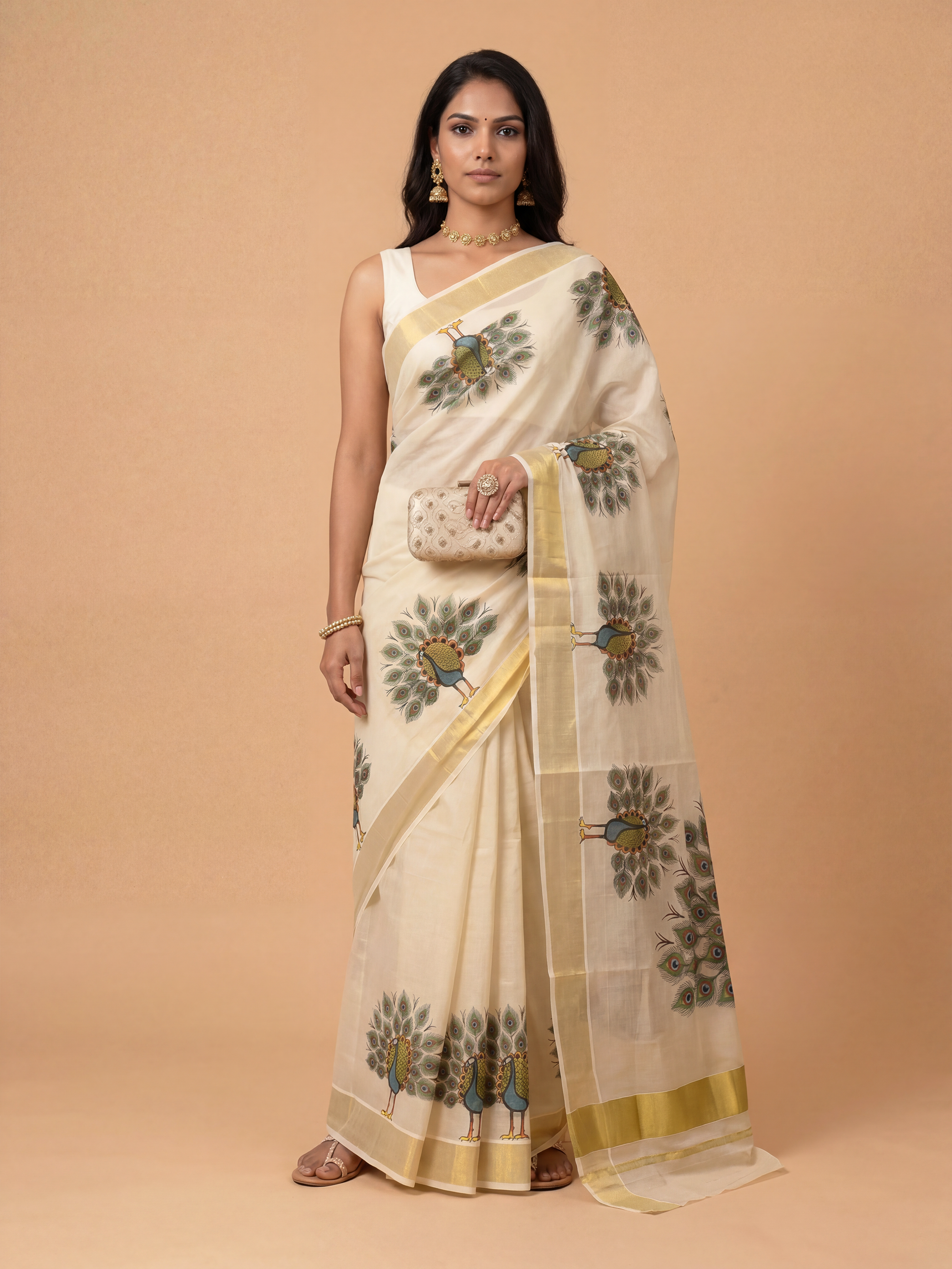 Women Tissue Cream Krishna Printed Kerala Saree KLS28