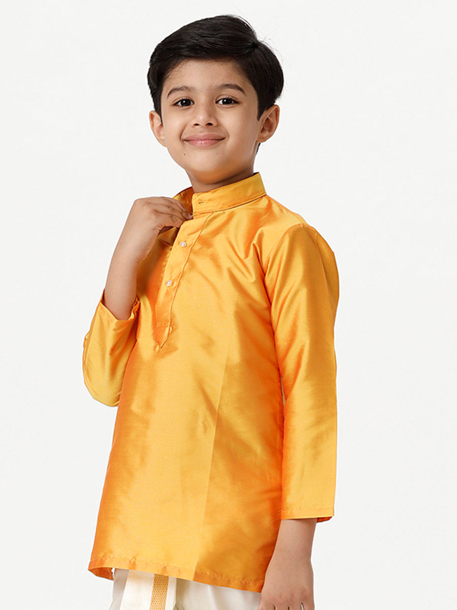 Boys Silk Cotton Full Sleeves Golden Yellow Kurta-Side view