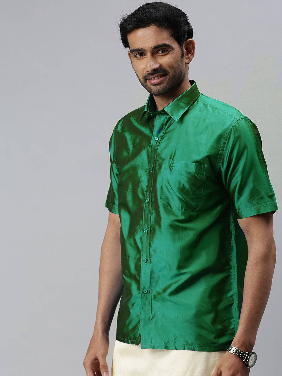 Mens Silk Feel Dark Green Half Sleeves Shirt SFC06-Side view