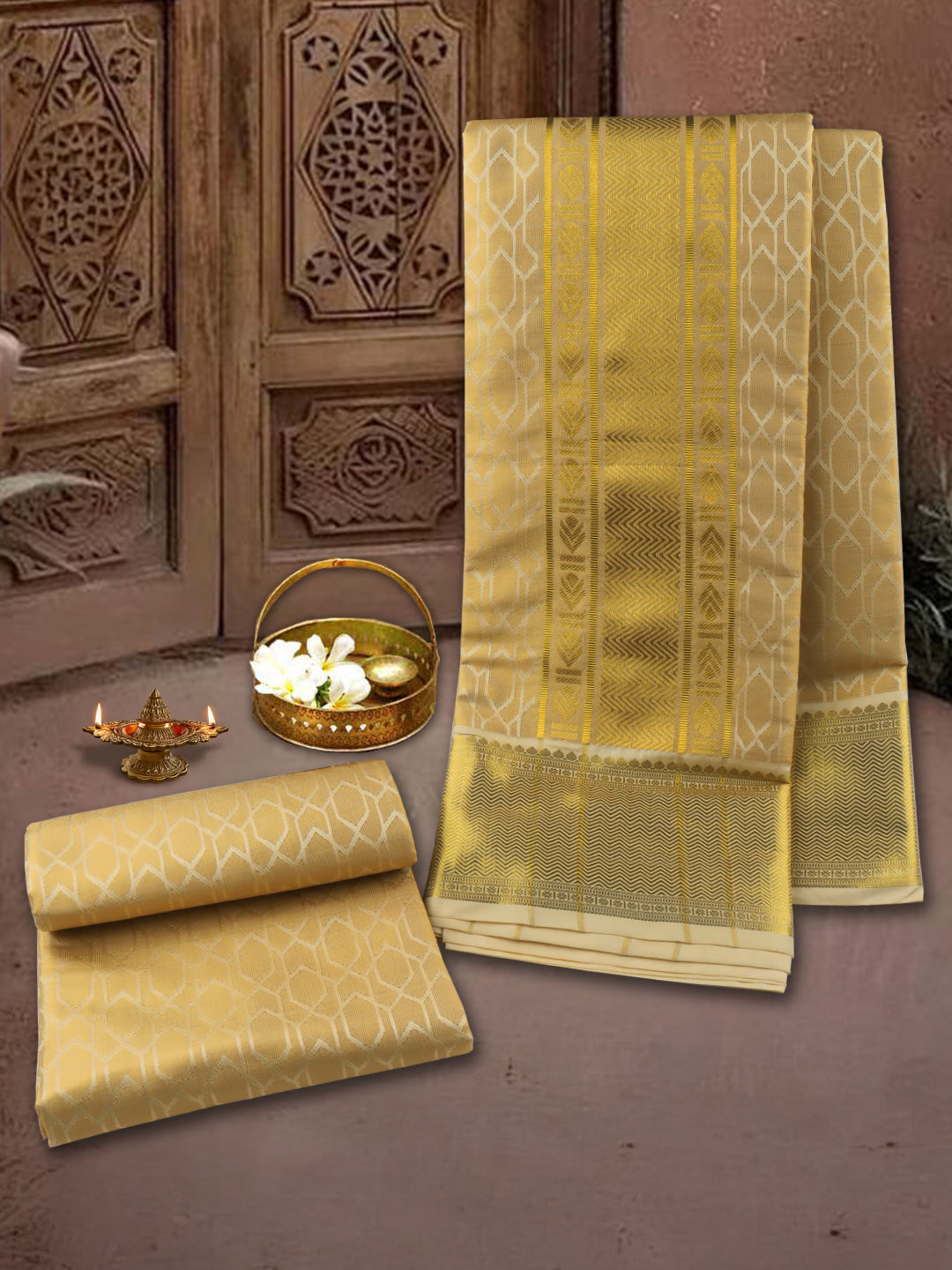 Men Art Silk Wedding Set Dhoti Shirting & Towel Set Gold Brahmotsavam B14(3*1)