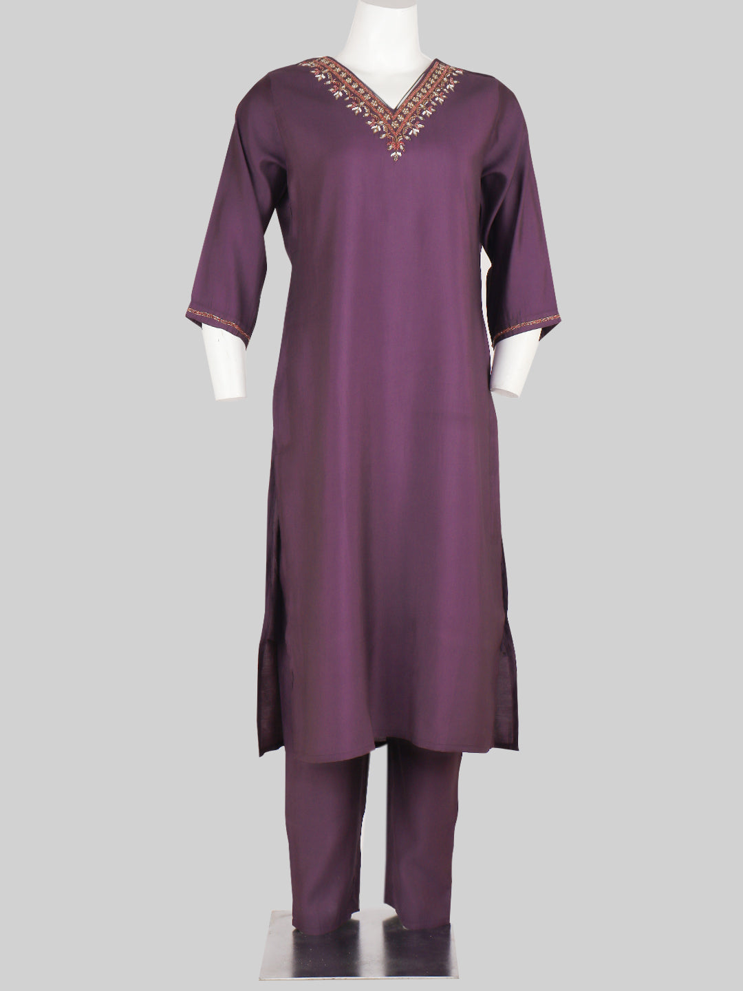 Women Cotton Embroidered Kurti Set Purple EKS42