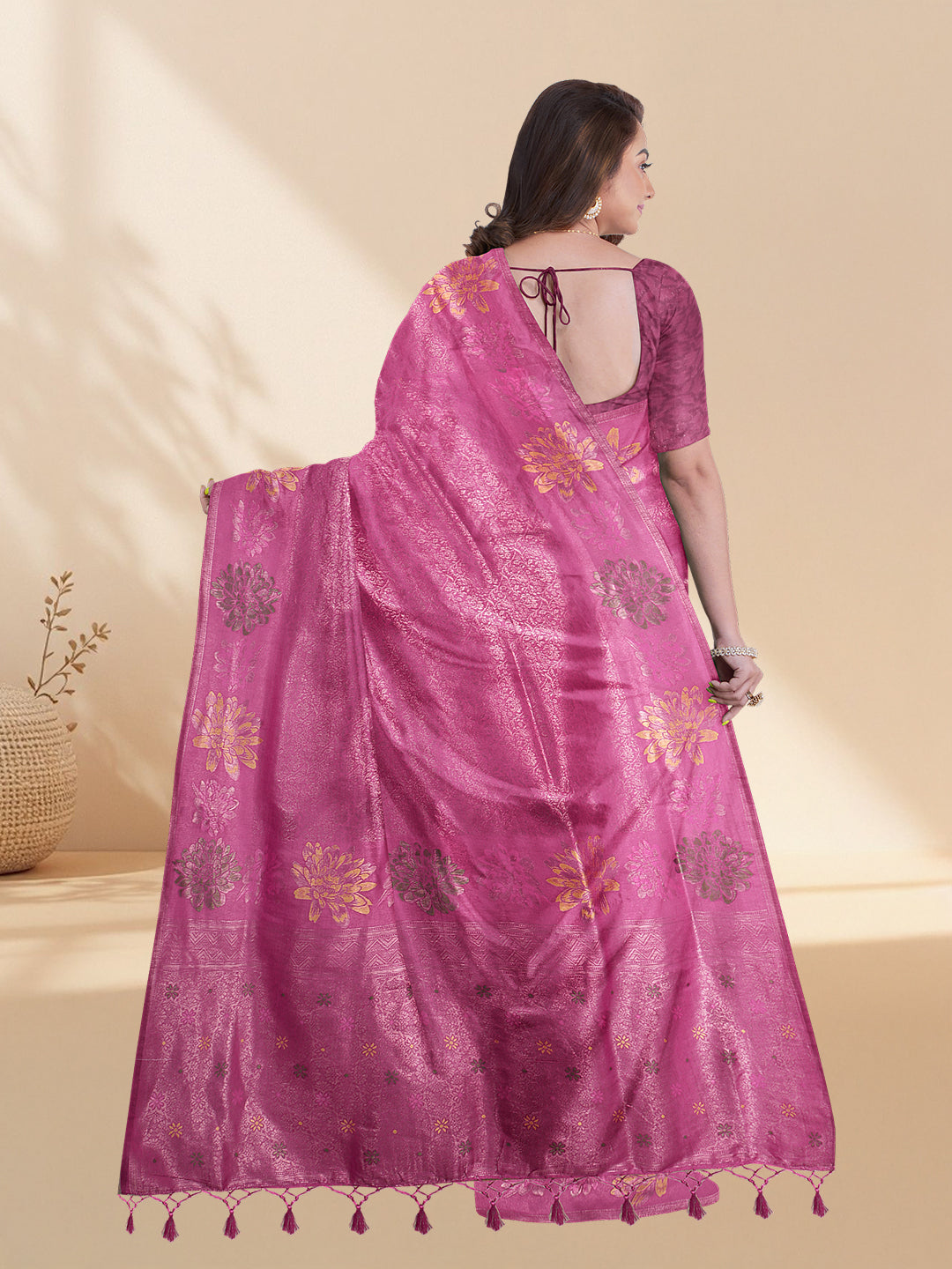 Women Pink Semi Mysore Silk Saree SS372