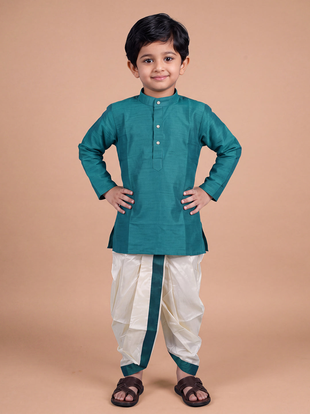 Boys Slub Cotton Full Sleeves Dark Green Kurta with Panchakacham Combo Set SL4