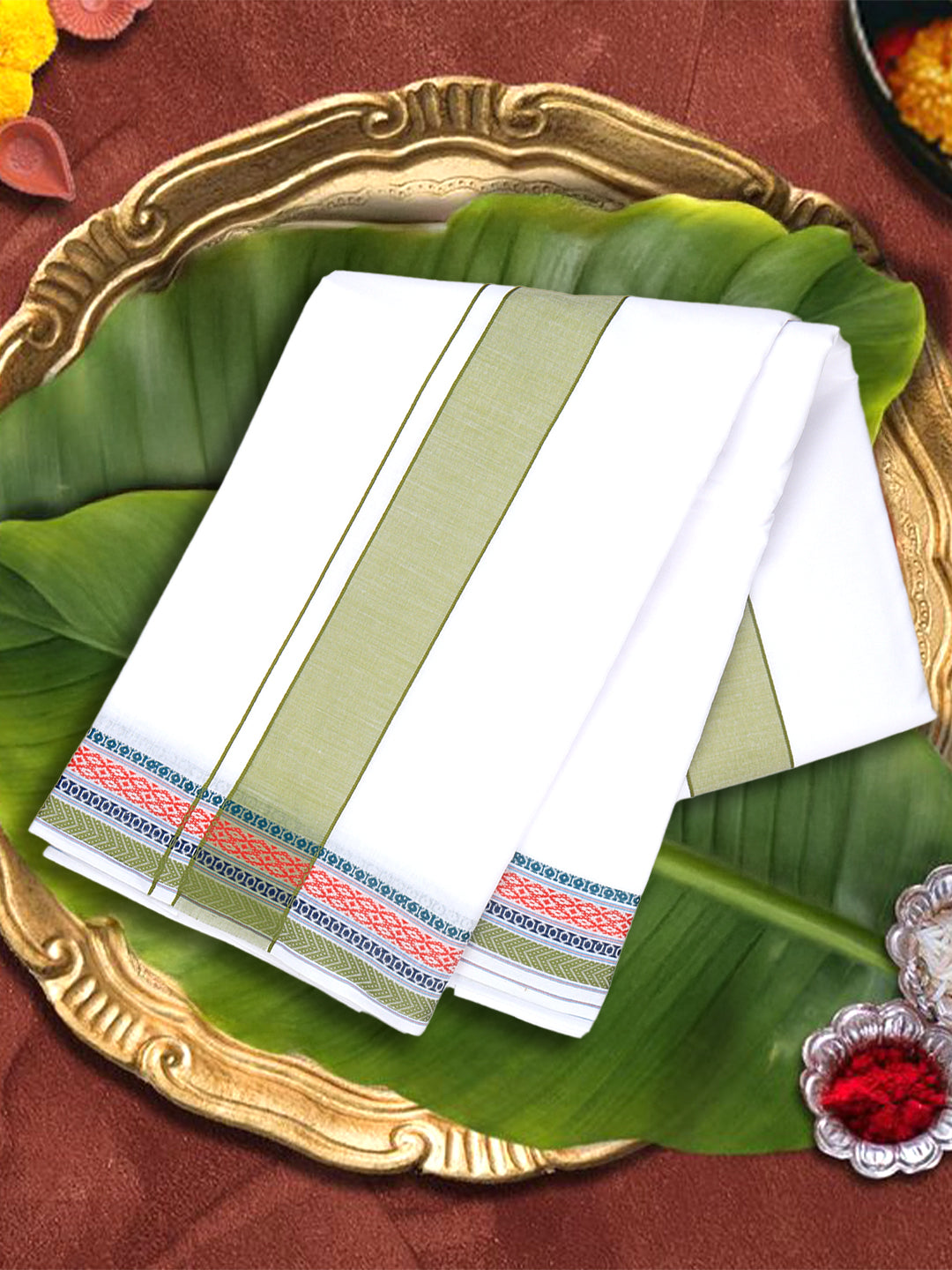 Men Cotton Green Fancy Border Panchakacham with Angavasthram (9+5) JD01